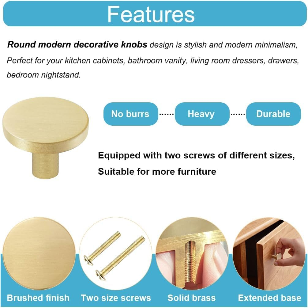 6 Pcs Gold Cabinet Knobs, round Kitchen Cabinet Pulls, Furniture Door Hardware Handles for Chest of Drawers Cupboard Dresser Wardrobe Closet, Brushed Copper Cabinet Hardware, Gold Handles image number 6