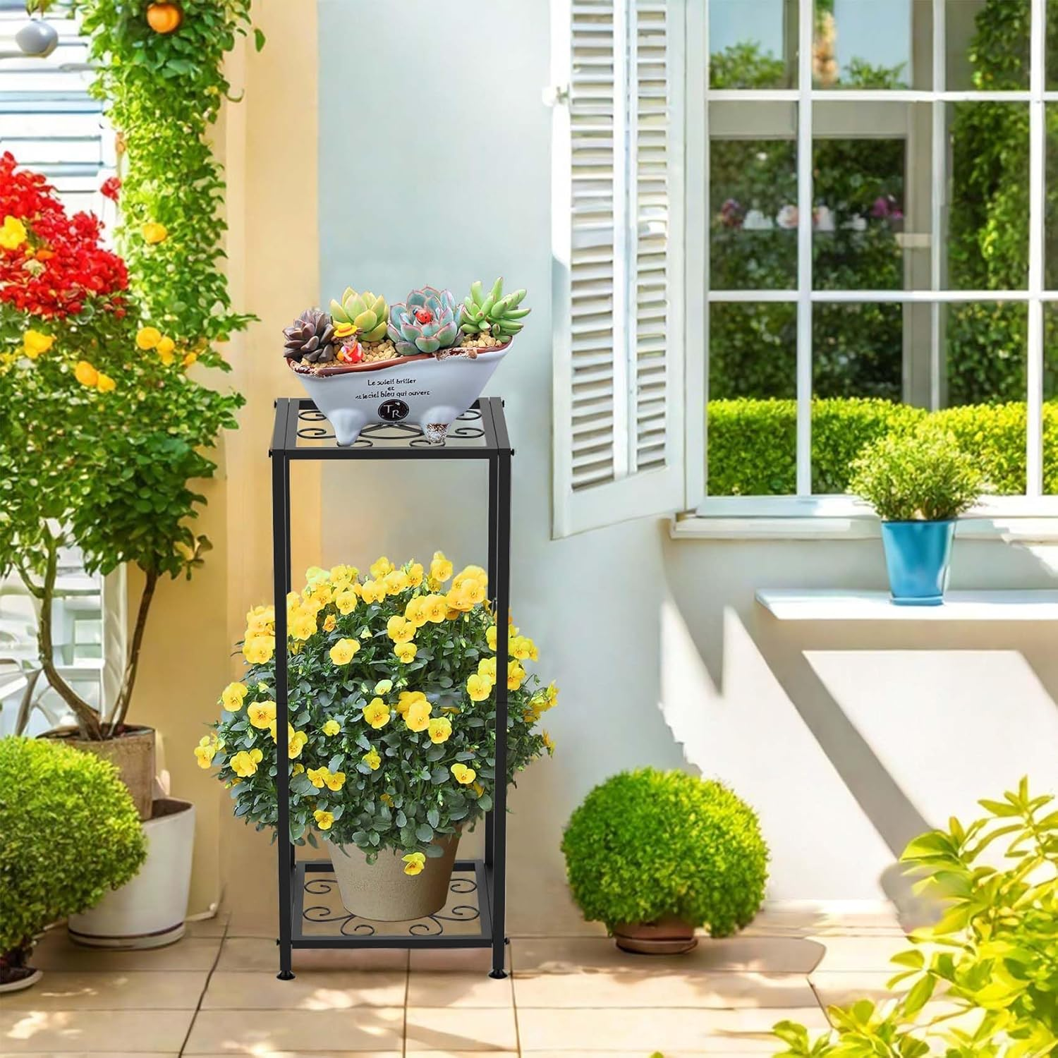 Plant Stand Indoor Plant Stand Outdoor Waterproof Metal Tall Plant Stand 2 Tier Plant Stands Black Plant Shelf Holder Rustproof Stable Plant Stands for Living Room Balcony Garden image number 5