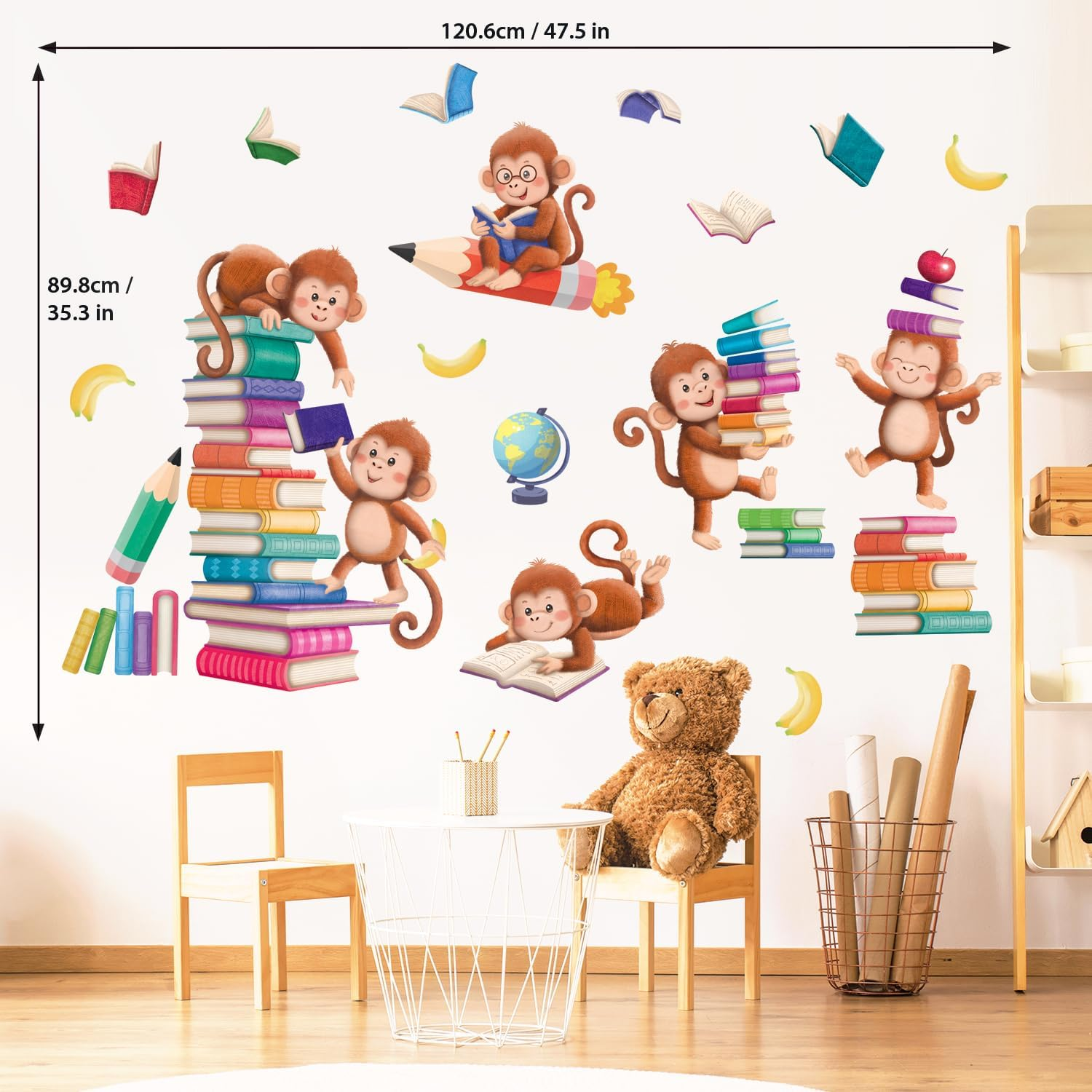 DECOWALL SG2-2402 Books with Reading Monkey Wall Stickers Book Inspirational Decals Baby Library Playroom Nursery School Classroom Animals Decals Removable image number 5