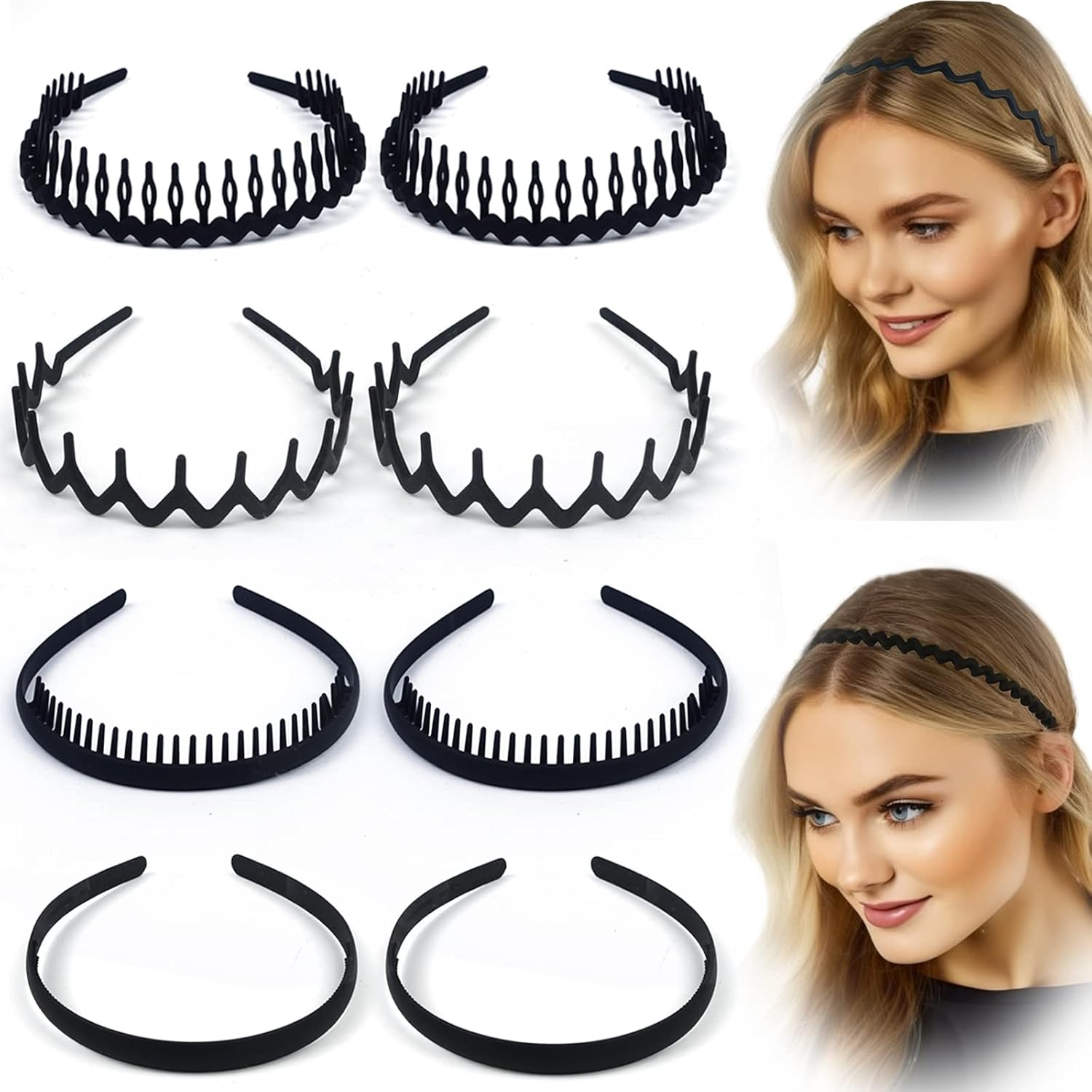 Dazzhues 8Pcs Headband with Sharks Teeth Comb - Matte Black Fashion Hair Accessories for Women and Men image number 3