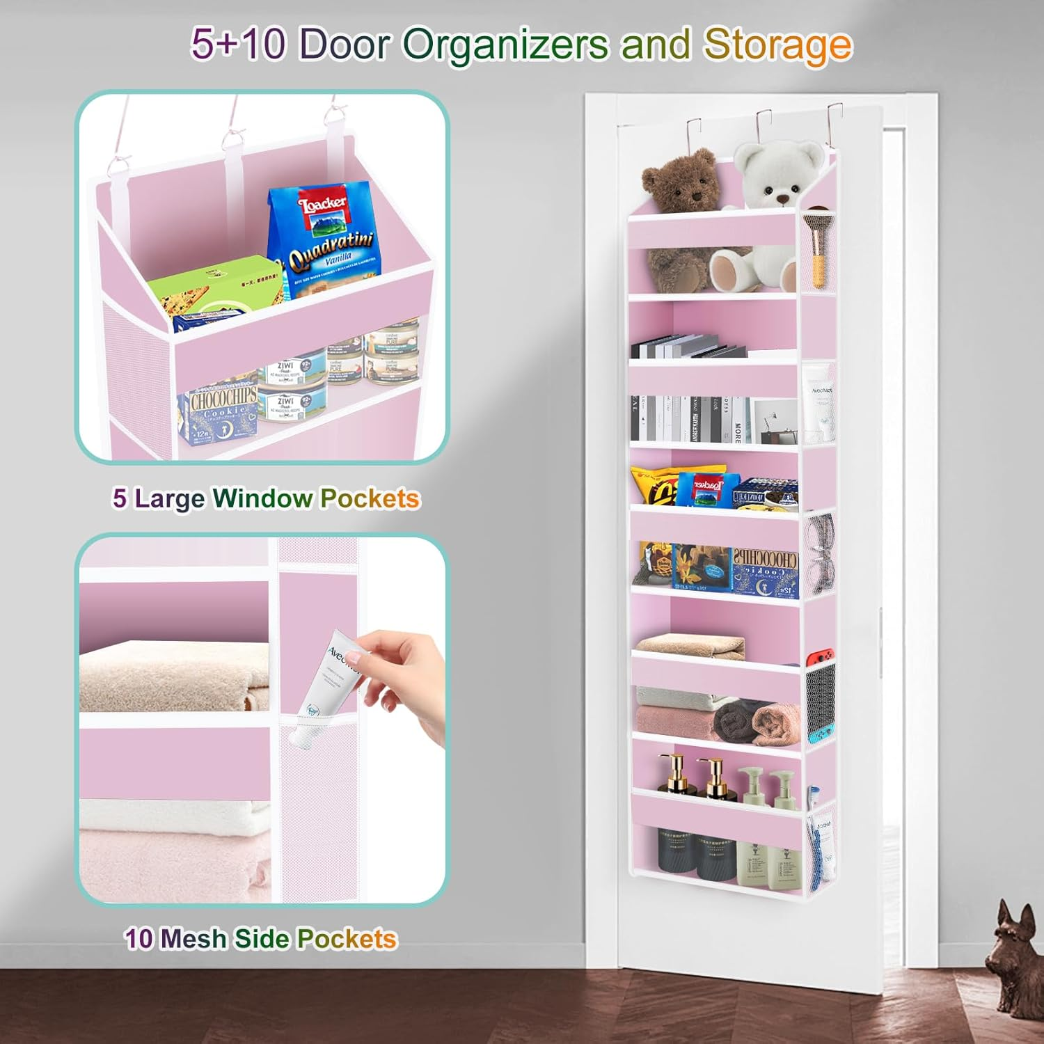 Xifllife over the Door Organizer Closet,5 Bins 10 Side Pockets,Hanging Door Organizer,Anti Tilt 44 Lbs Load Door Organizers and Storage with Clear Window for Bedroom,Nursery,Rv,Bathroom,Camper(Pink) - Black image number 4