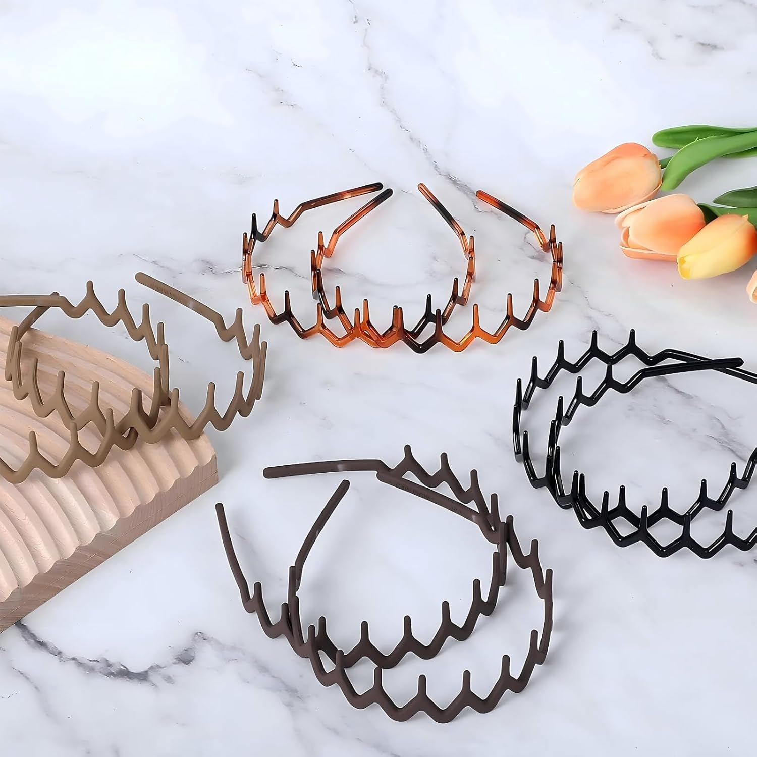 Set of 4 Zig Zag Headbands, Recycled Plastic Wavy Toothed Hair Band, Tooth Comb Hairband Wavy Zigzag Headband for Women and Men, Classic 90S Hair Hoop Accessories (Black + Brown + Khaki + Coffee) image number 4