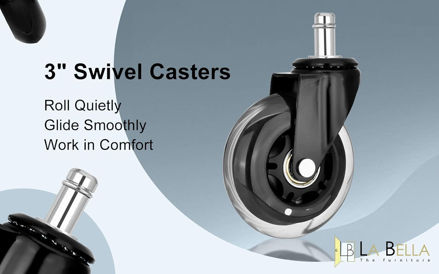 La Bella 3-Inch Rollerblade Office Chair Casters - 5-Pack PU Wheels with 11X22Mm Stem, Silent Floor-Safe Rollers for Hardwood, Carpet, Tile &ndash; Black image number 2