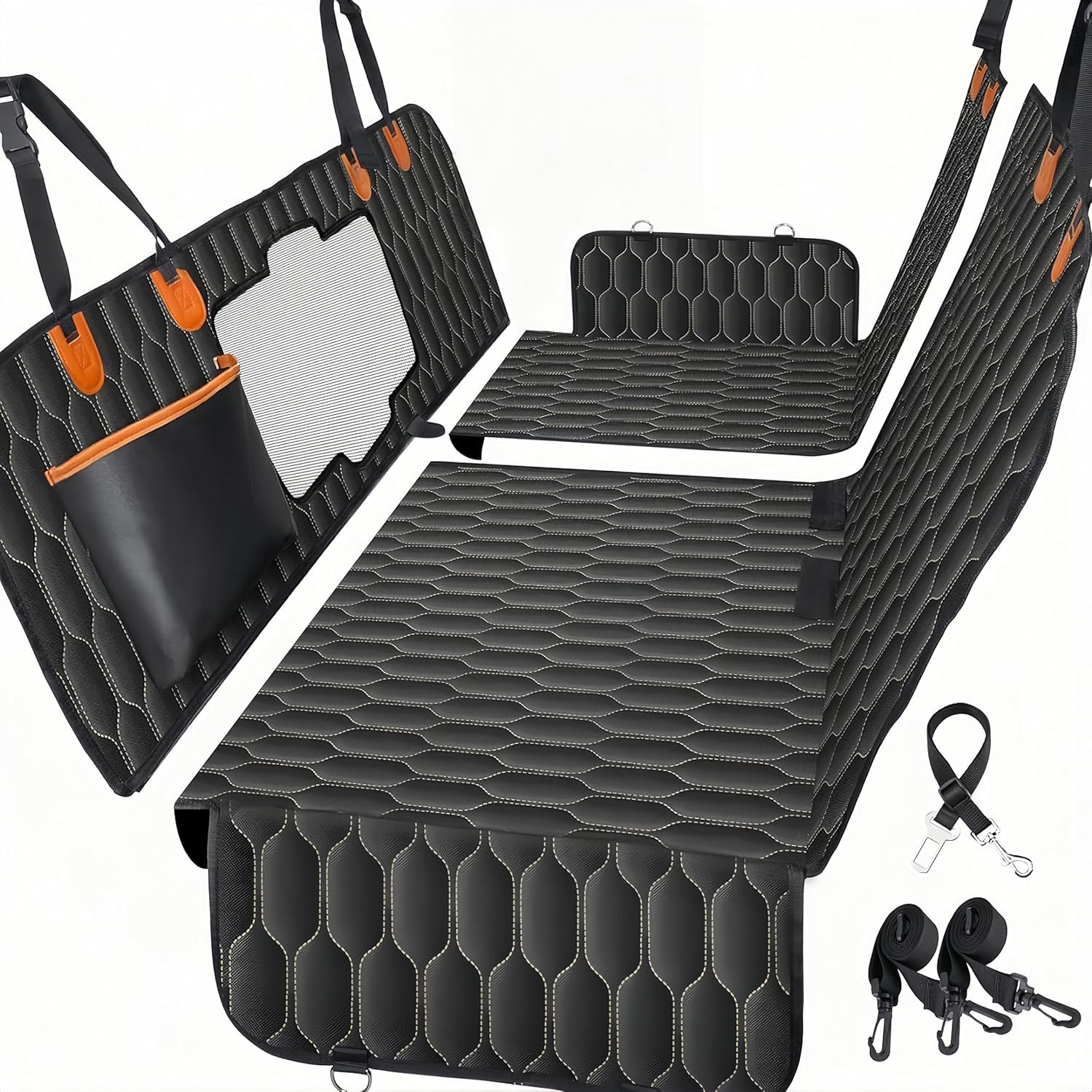 Dog Car Seat Cover,Waterproof Pet Seat Cover with Mesh Visual Window & Seat Belt Opening & Storage Pockets,Wear-Proof Dog Back Seat Hammock for Cars, Trucks and SUV image number 3