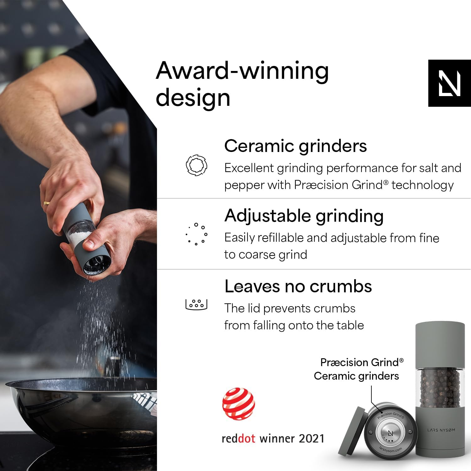 LARS NYS&Oslash;M Salt and Pepper Grinder Set, Manual Salt and Pepper Mills with Adjustable Ceramic Grinder, Design Spice Shaker Set (Ash Gray) - Berry Red image number 2
