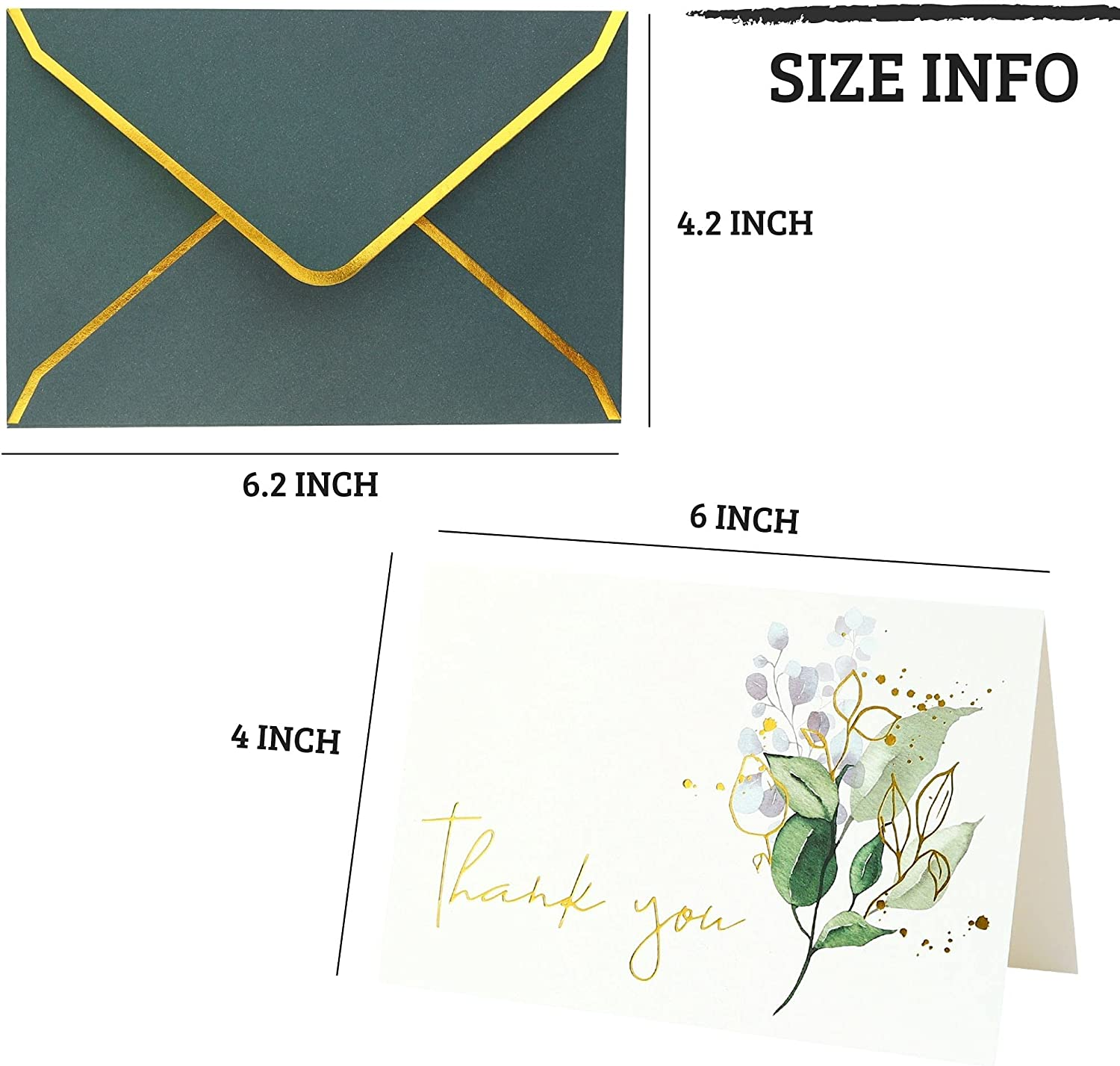 Heavy Duty Thank You Cards with Envelopes - 36 PK Gold Notes 4X6 Inches Baby Shower Wedding Small Business Graduation Funeral Bridal (Greenery) image number 1