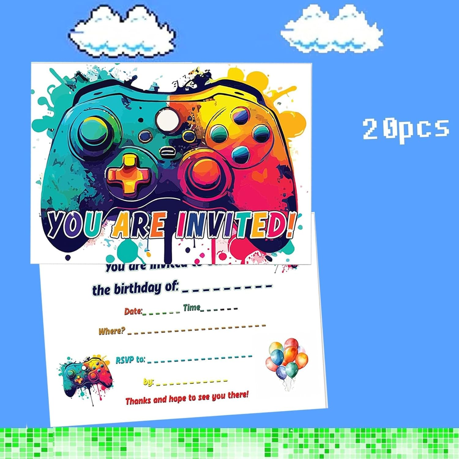 IKEEP 20Pcs Video Gaming Birthday Party Invitations - Video Game Theme Party Invitations, Decorations, Favors for Kids Boys Girls Brother Son Nephew Gaming Party Decoration image number 2