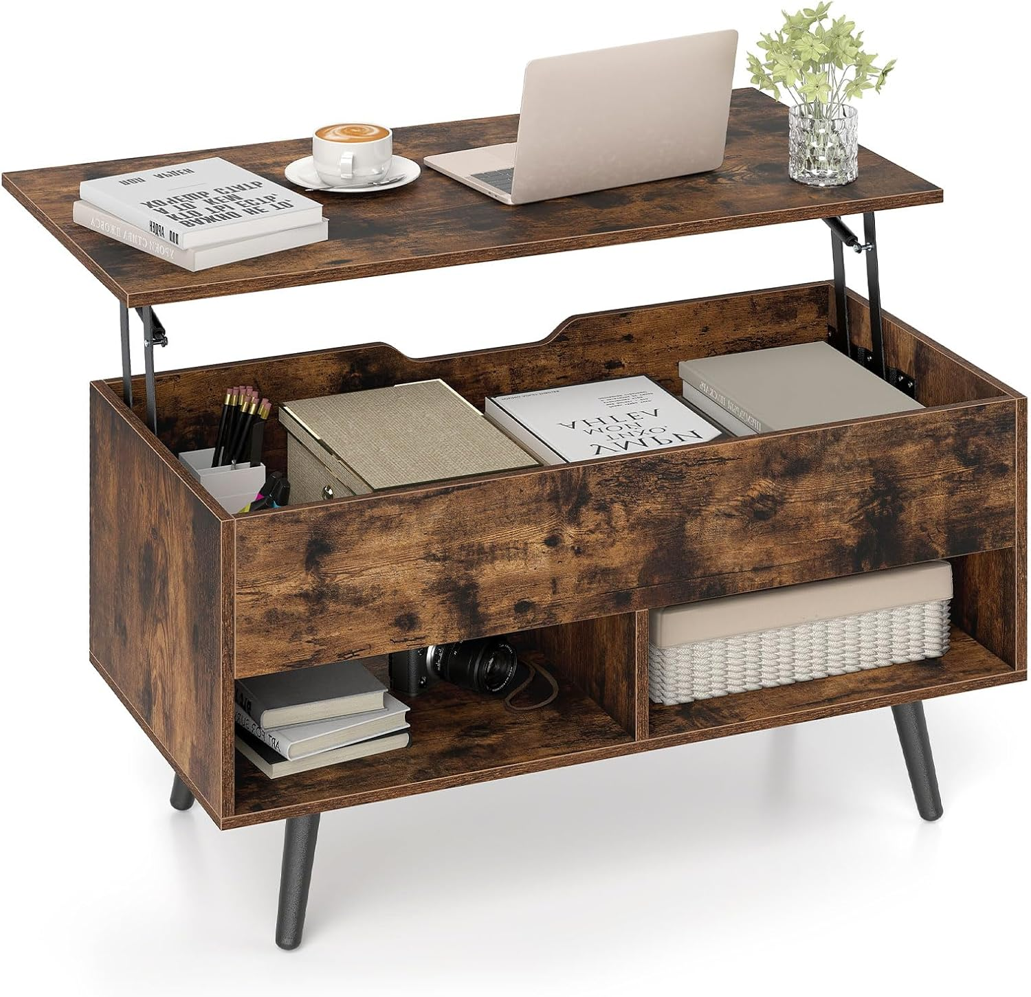 Giantex Lift Top Coffee Table, Wooden Lift Top Dining Table W/Hidden Storage Compartment & 2 Storage Shelves, Raisable Top Coffee Table for Living Room, Study, Office, Meeting Room (Black)