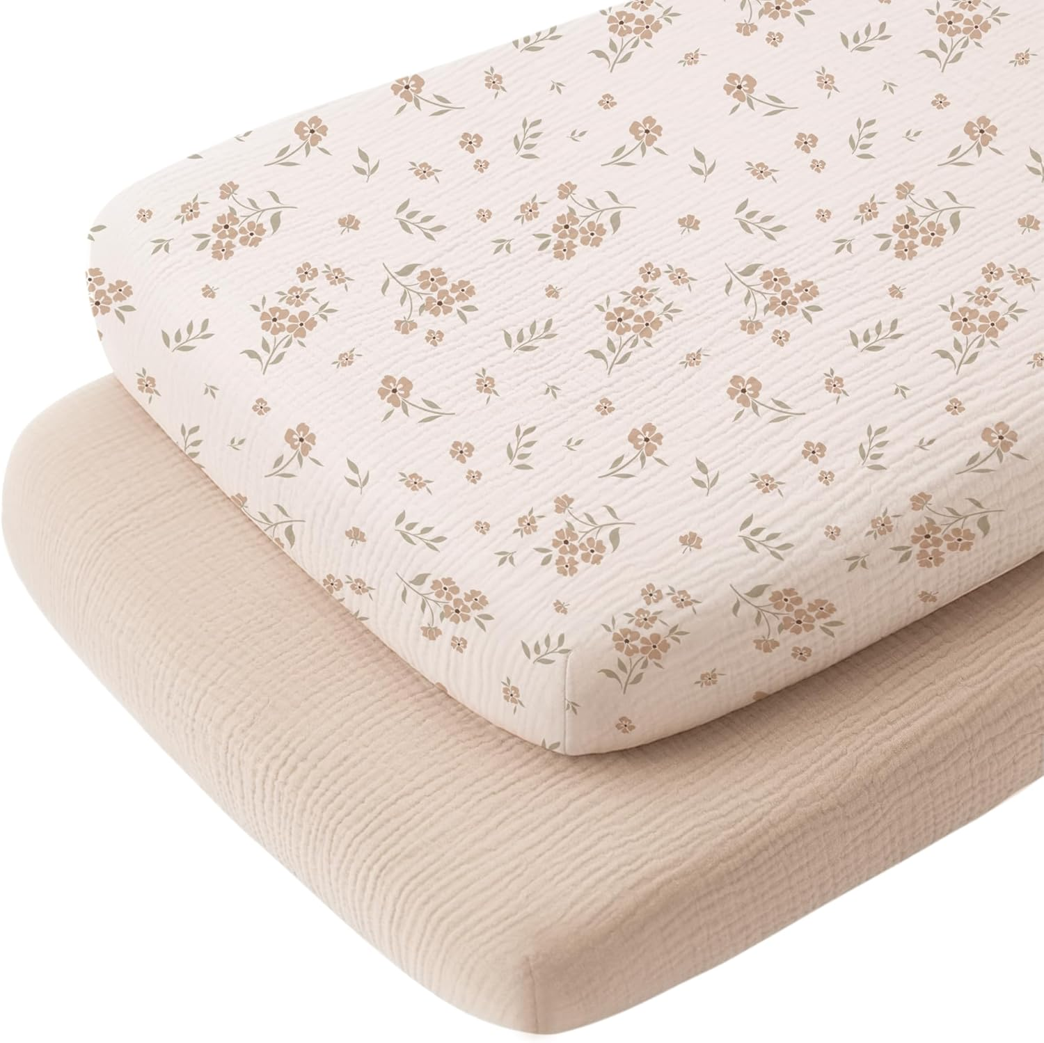 Konssy 2 Pack Muslin Fitted Bassinet Sheets for Baby Girl Boy, Soft Breathable Baby Bassinet Sheets Fit for Baby Bassinets, Cradle, Moses Basket Oval Rectangle Pad/Mattress (Chestnut, Floral)