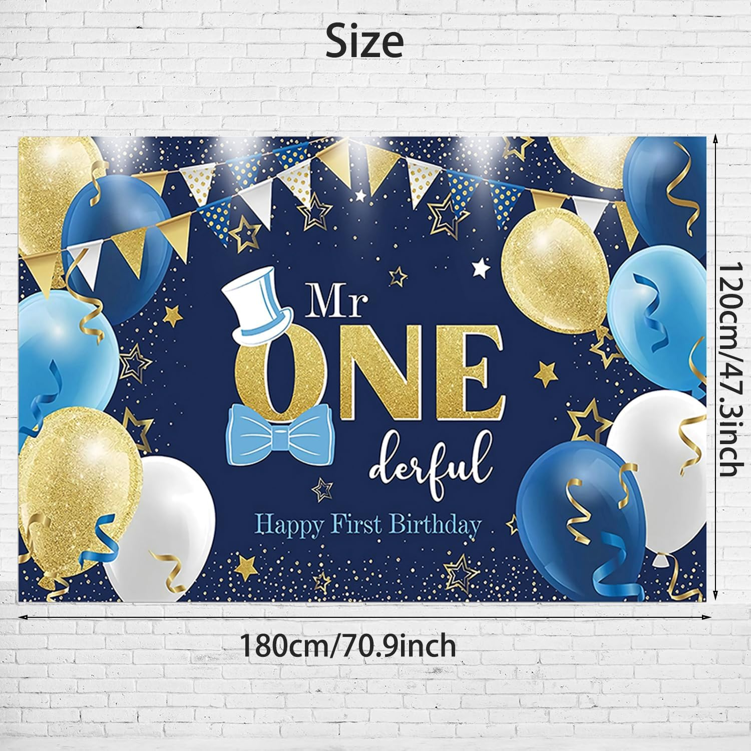 Boys 1St Birthday Party Decoration Large First Birthday Backdrop Banner, One Year Old Party Decor Photo Prop Blue Gold image number 2