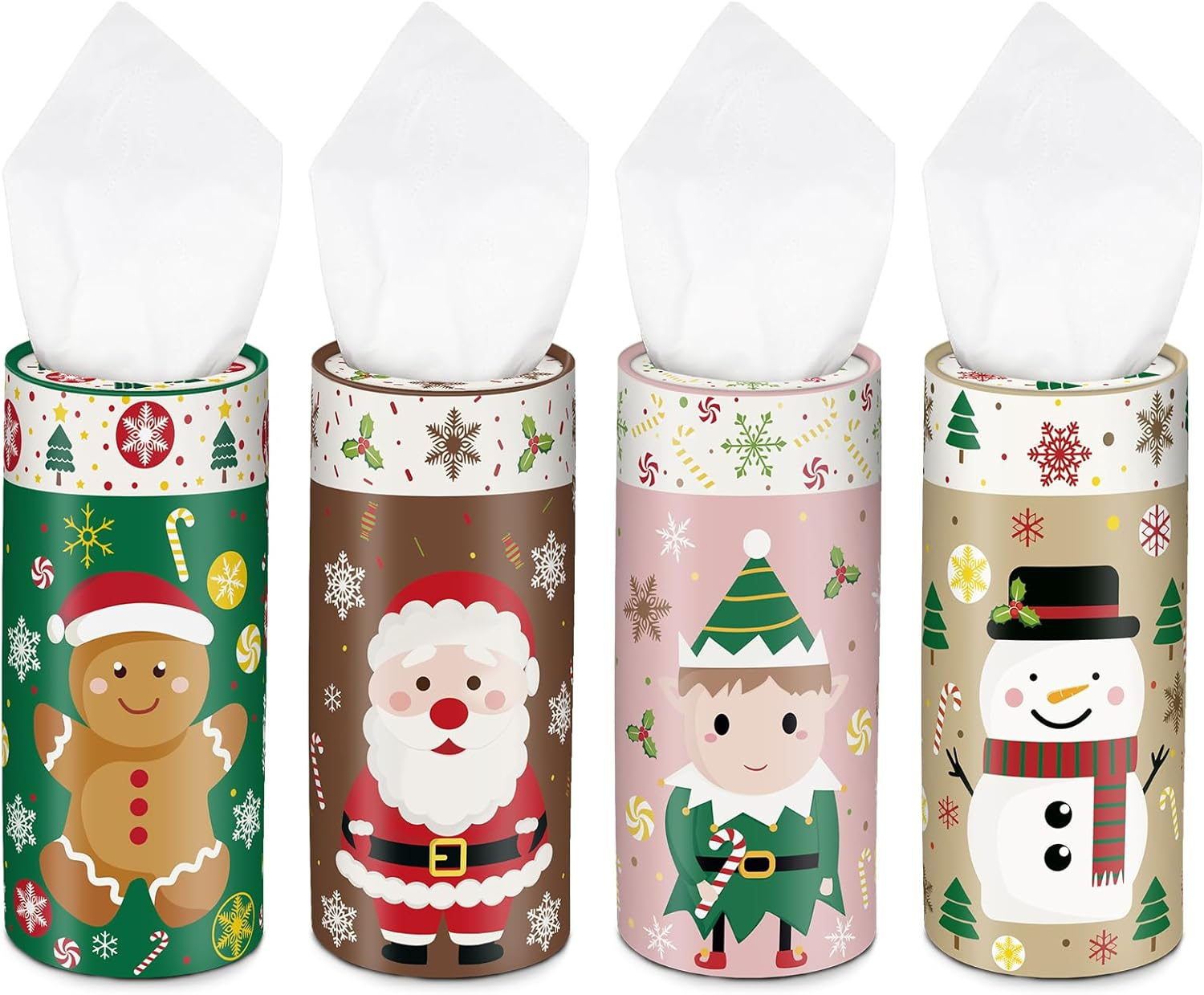 4 Pcs Christmas Car Tissue Holders with Facial Tissues, round Boxes with Festive Santa, Cardinal, Horse, and Snowman Designs, Winter Holiday Essentials for Car, Home, and Office