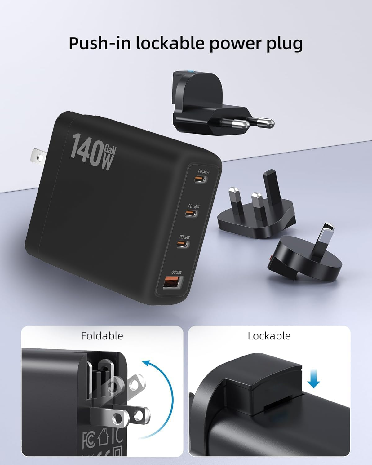 Cyperever 140W USB C Charger, 4-Ports Foldable Travel Adapter Plug Converter with UK/EU/AU Plugs, Fast Charger for Macbook Pro/Air,For Ipad Pro/Iphone 16 15 14 13 Pro Max Galaxy image number 3