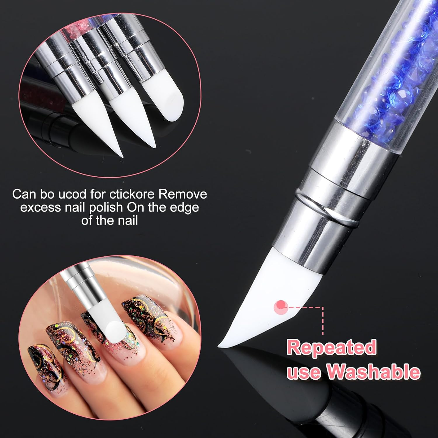 3 Pcs Nail Art Sculpture Pen, Dual Tipped Silicone Nail Tools, Silicone Head Acrylic Handle Nail Art Brushes, Rhinestone Nail Polish Carving Pen, Nail Art Tools for Home Salon(Black, Pink, Royal Blue) image number 5