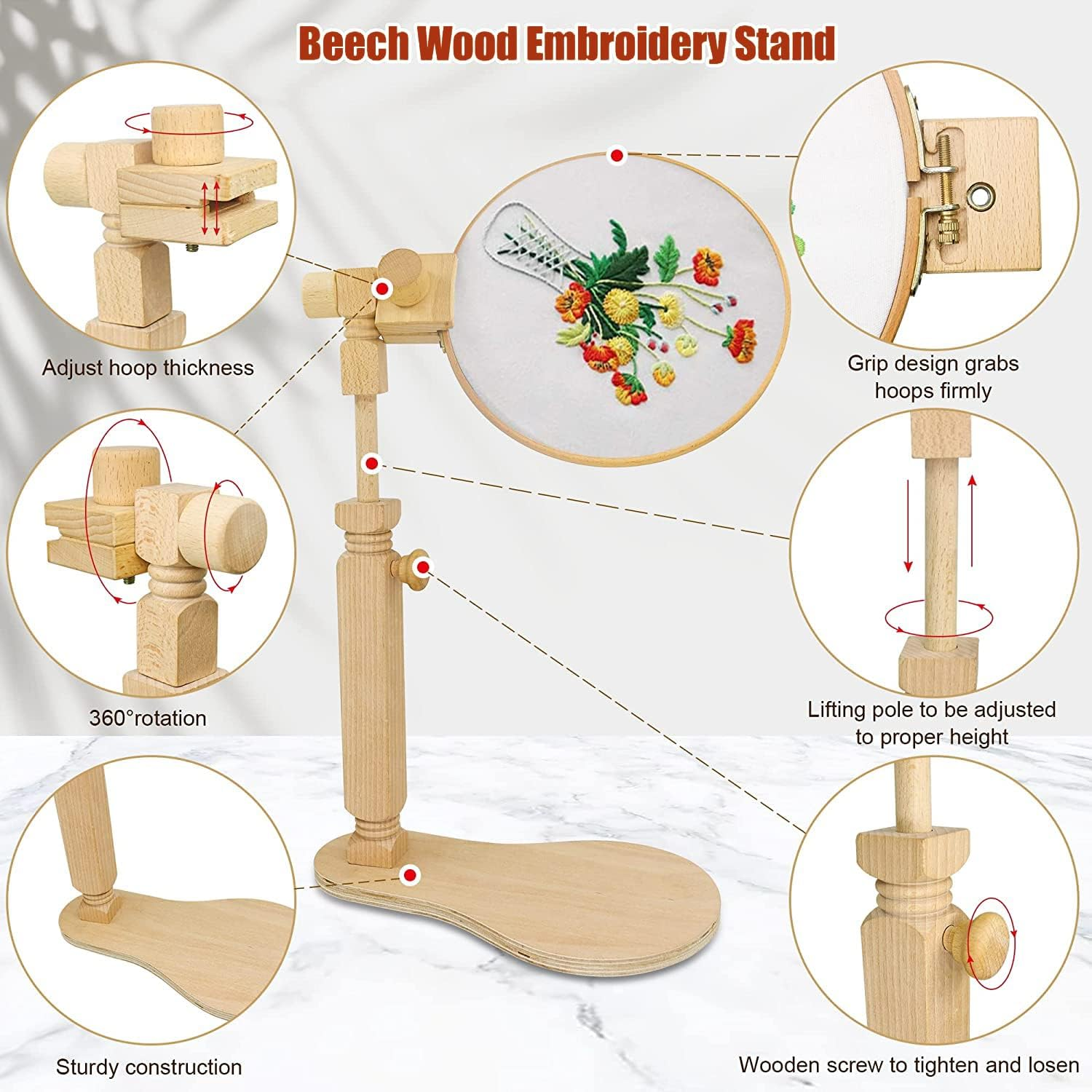 Embroidery Hoop Stand - Rotated Cross Stitch Stand Lap, Easy to Use Natural Beech Wood Embroidery Hoop Holder, Hands Cross Stitch Stand for Art Craft Sewing Needlework Projects image number 5