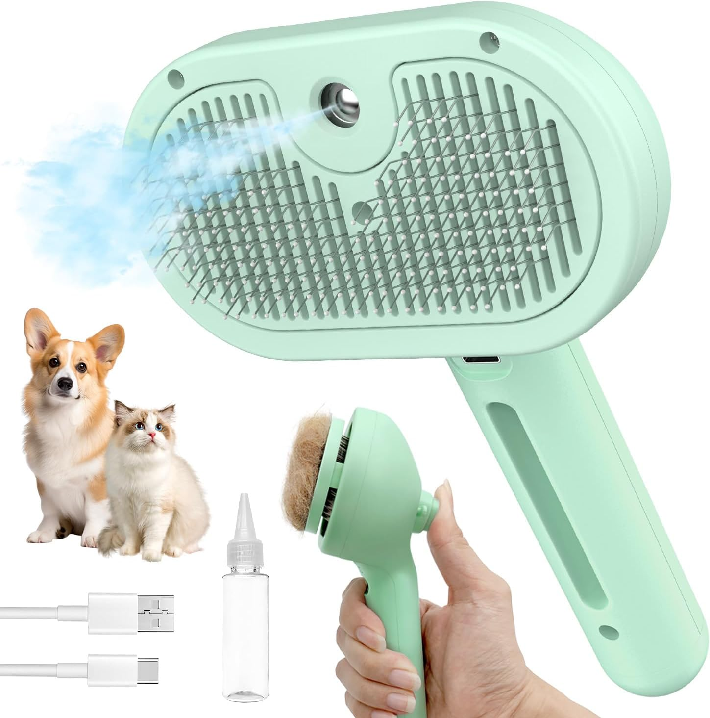 Herokitty Cat Steam Brush for Shedding, 3 in 1 Self Cleaning Steamy Pet Brush Anti-Static Flying Hair Spray Cat Brush for Long and Short Hair Pets Grooming Remove Loose Hair Reduce Shedding, Pink