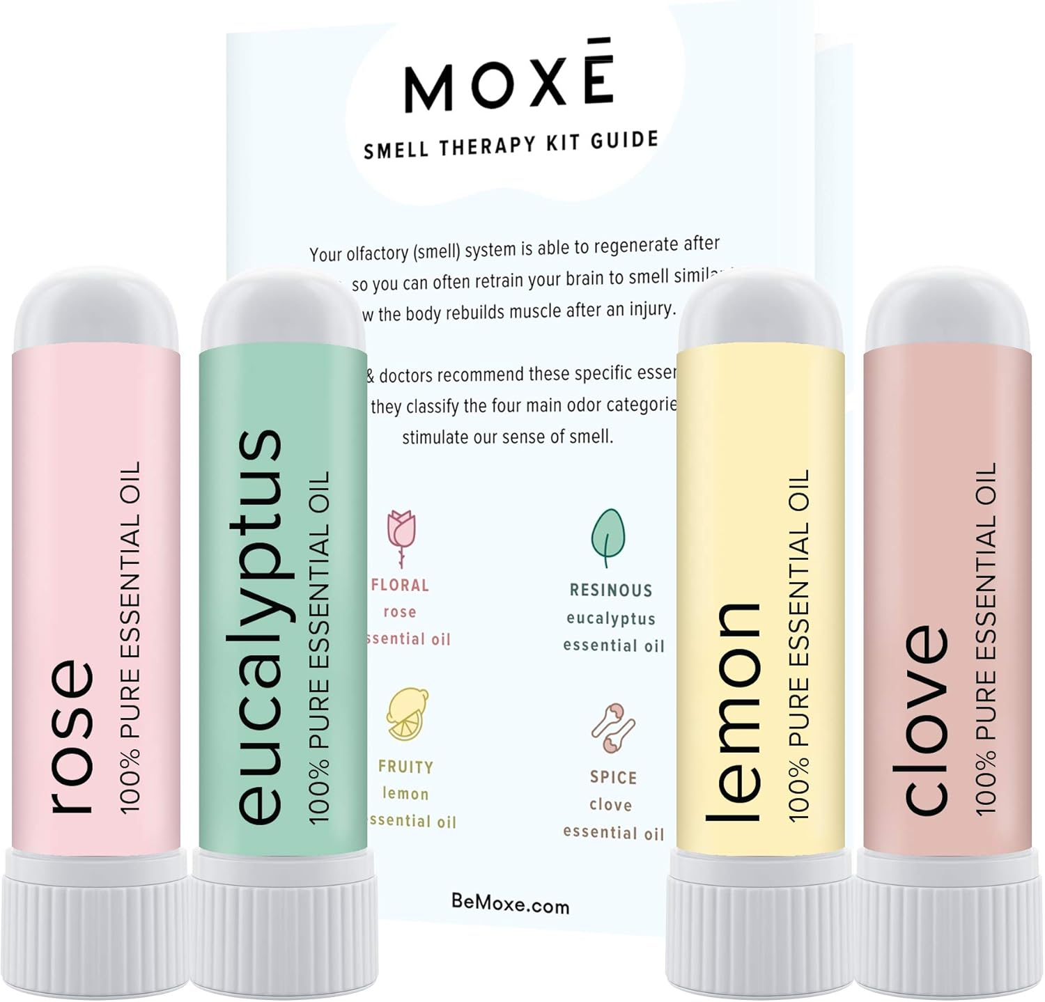 MOXĒ Smell Training Kit, 4 Essential Oils, Olfactory Regeneration, Helps Restore Sense of Smell, Natural Therapy for Smell Loss, Lemon, Rose, Clove, Eucalyptus, Guidebook, Personal Log image number 1