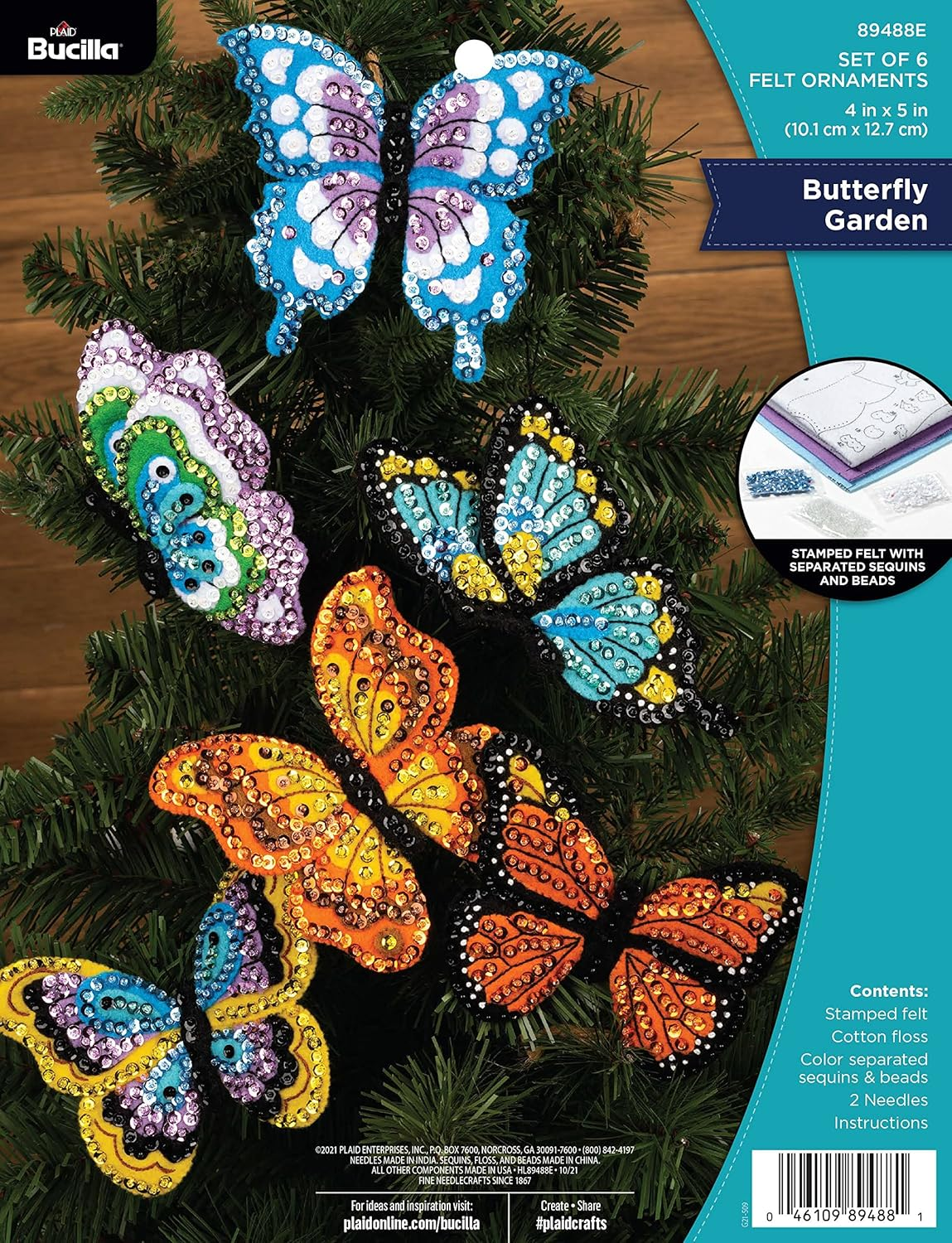 Bucilla Felt Applique 6 Piece Ornament Making Kit, Butterfly Garden, Perfect for DIY Arts and Crafts, 89488E image number 6