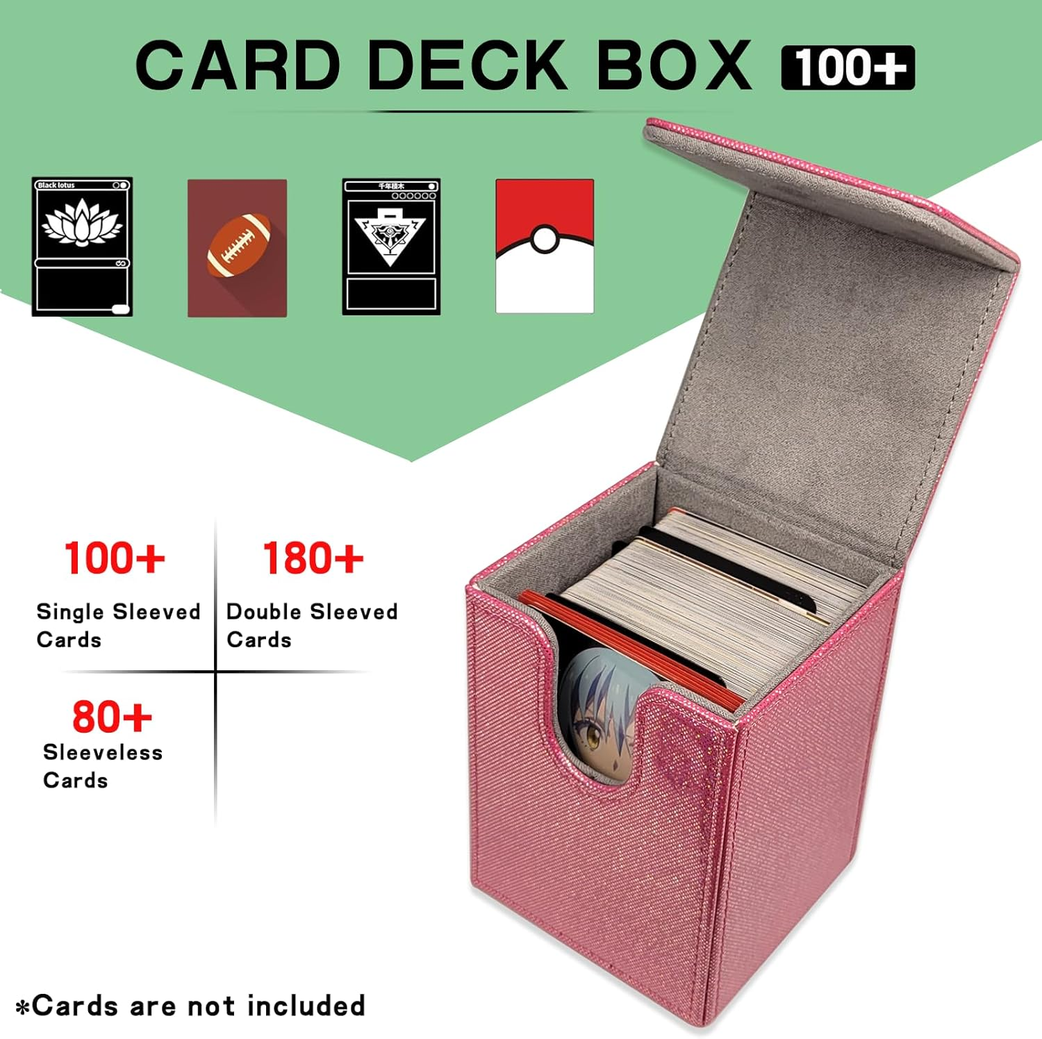 Dmoicols Sparkly Card Deck Box Holds 100+ Single Sleeved Cards,Leather Card Storage Case,Mtg Commander Deck Box with 2 Dividers Fit TCG CCG Magic Cards Vertical (Sparkly Rose Red Point)