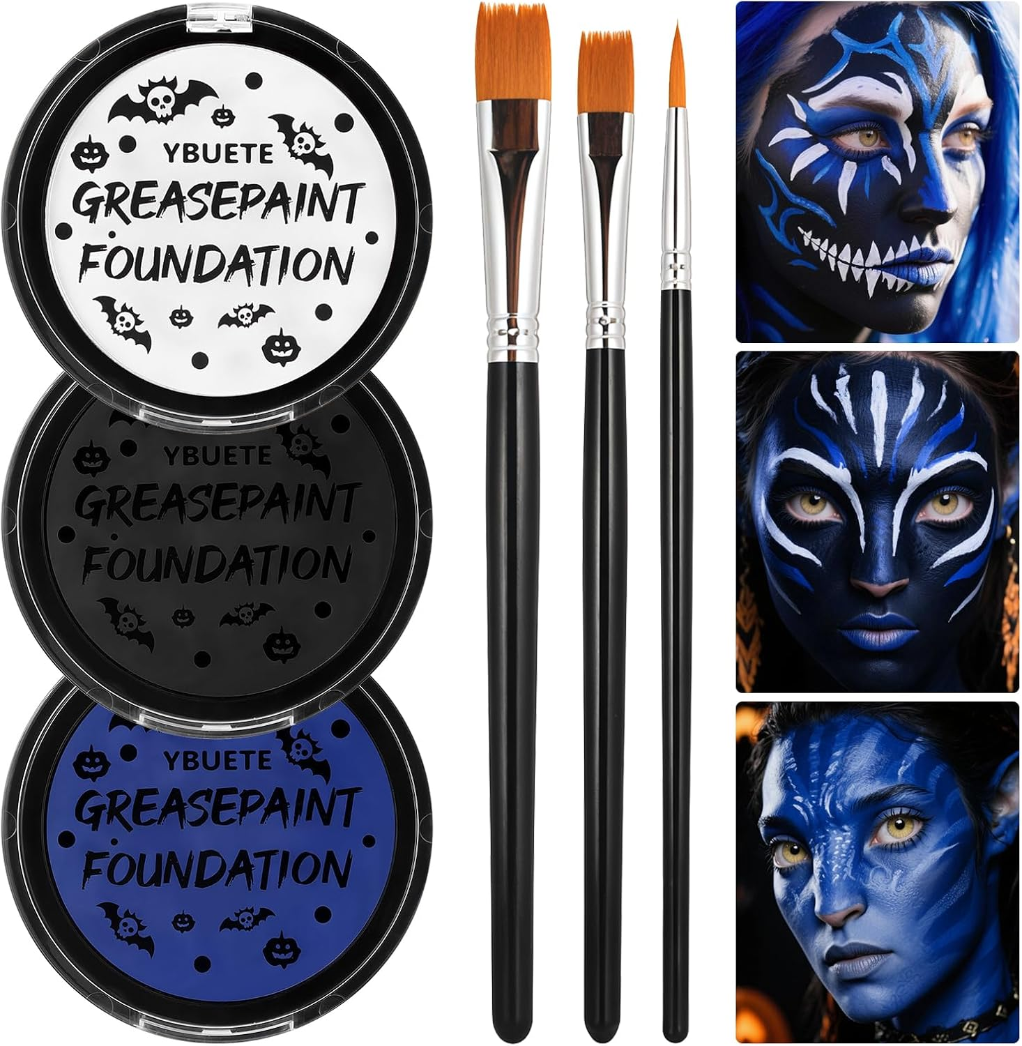 YBUETE Orange Black White Oil Based Face Paint Kit with Painting Brushes, Professional Full Coverage Greasepaint for Adults Halloween Cosplay SFX Tiger Pumpkin Makeup Carnival Theater Stage