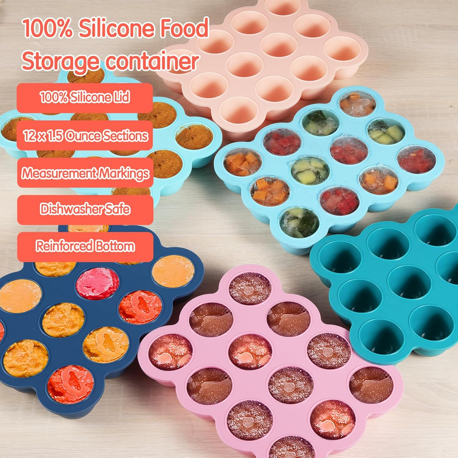 Baby Food Storage Container - 12 X 1.5Oz Silicone Baby Food Freezer Tray with Silicone Lid, Perfect for Homemade Purees, Vegetables & Fruits - Gossamer Pink - Gossamer Pink image number 6