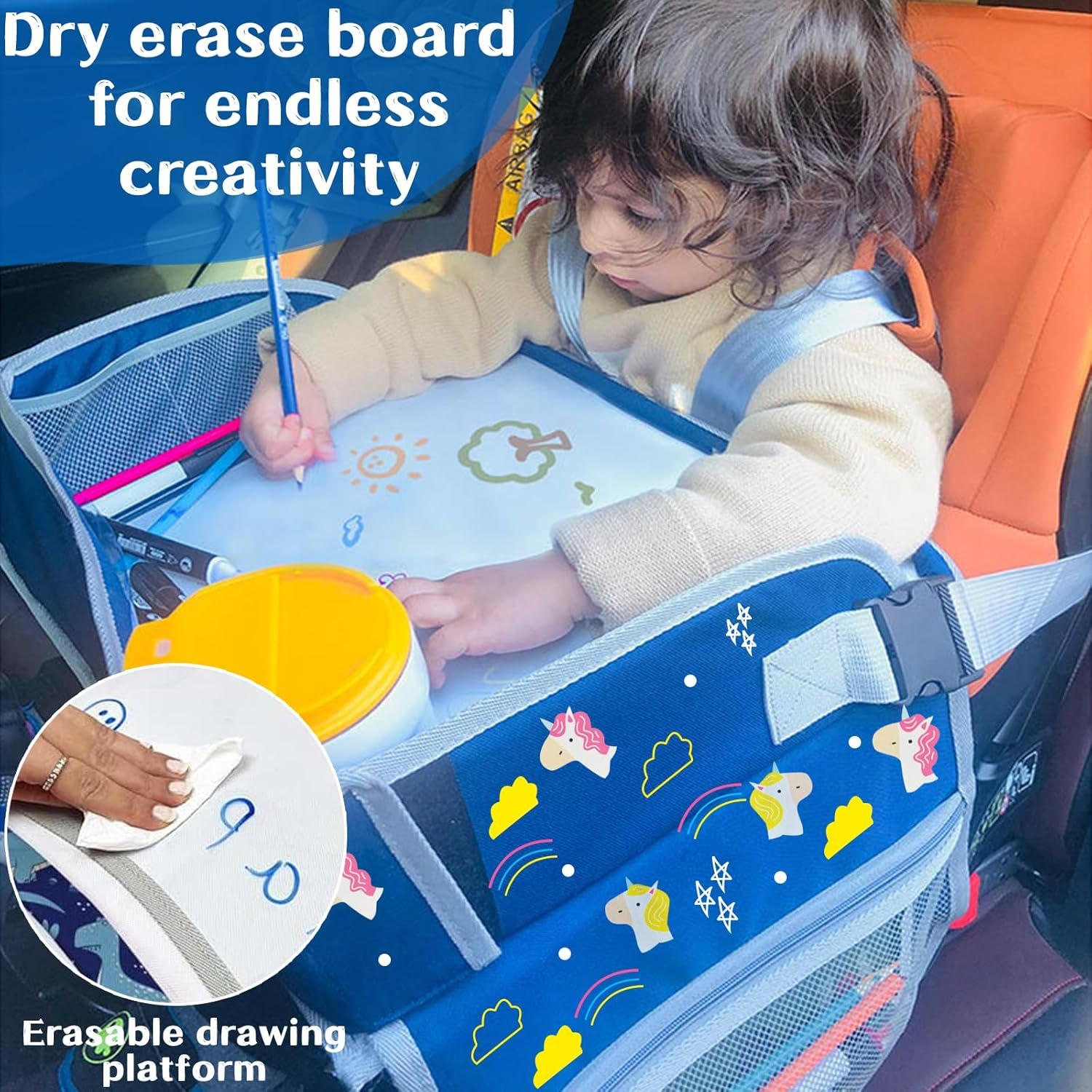 Kids Travel Tray, Car Seat Play Tray for Toddler, Auto Backseat Table Holder Tray for Kids Roadtrip Essentials, Adjustable Portable Children Car Desk Organizer (Blue)