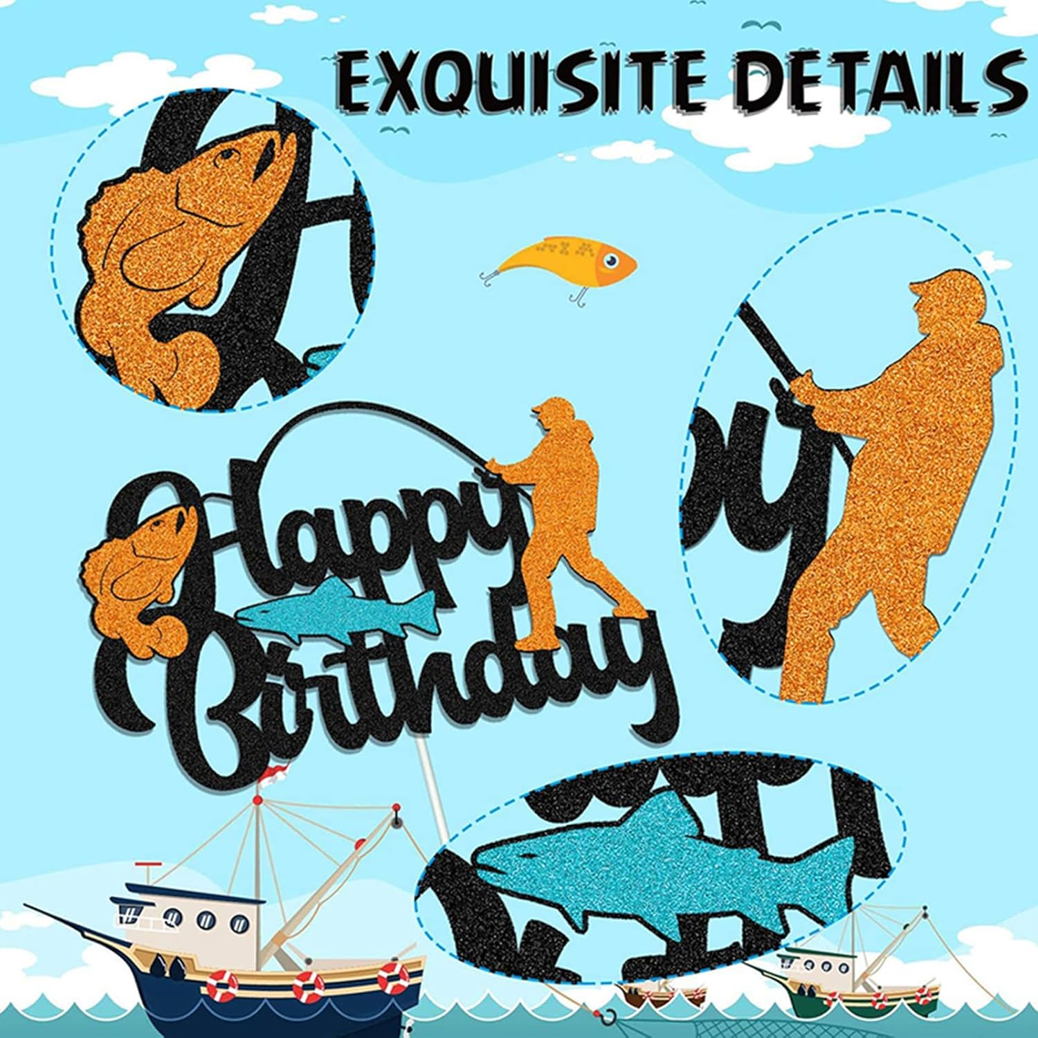 1Pc Fishing Cake Topper Glitter Fisherman Birthday Cake Pick Outdoor Gone Fishing Themed Men Boys Birthday Party Cake Decoration Supplies