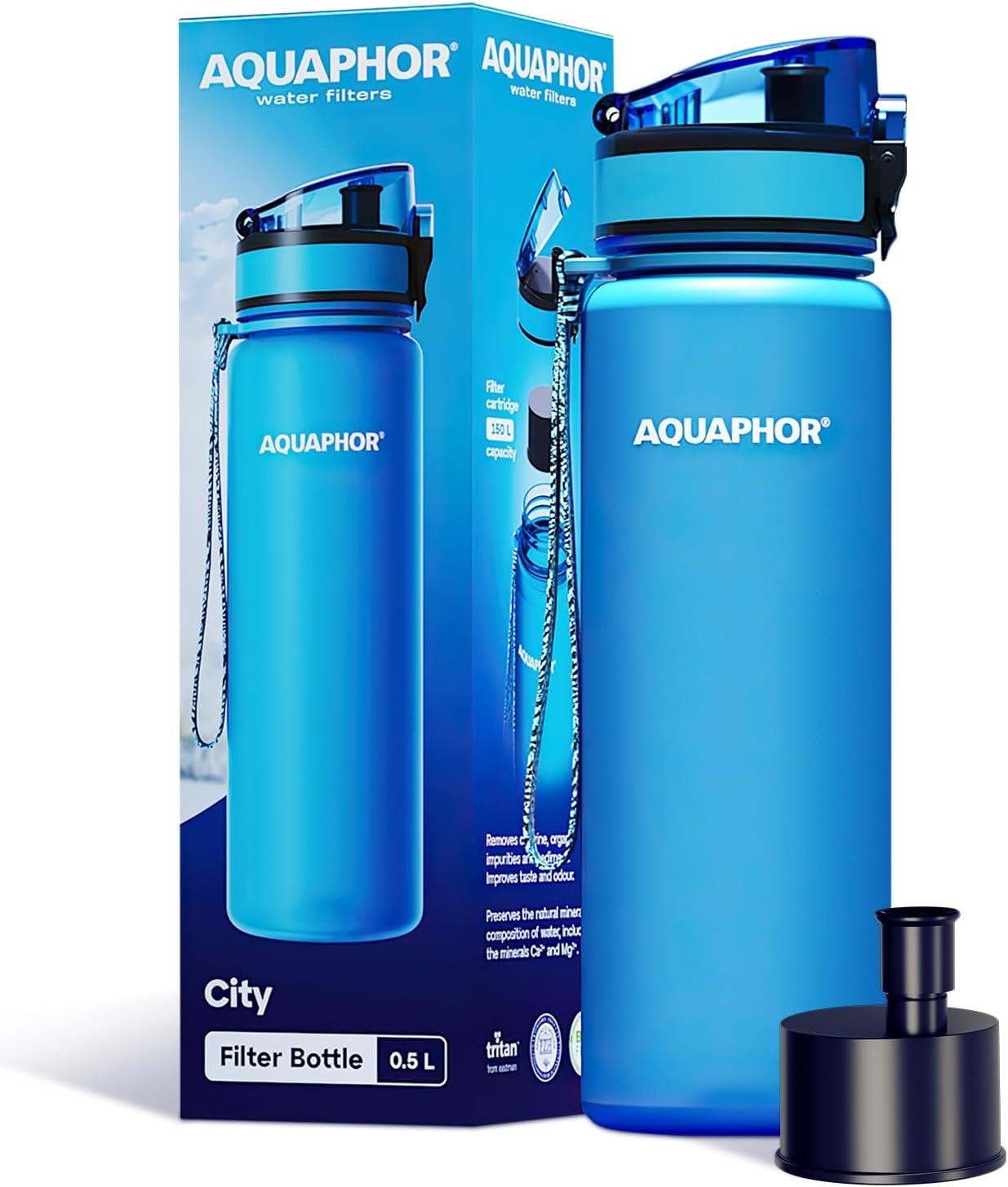 AQUAPHOR City Bottle 500Ml Blue | Travel Water Bottle with Activated Carbon Filter | Filters Chlorine & Impurities | Made of Tritan & Bpa-Free | Stay Hydrated on the Go!