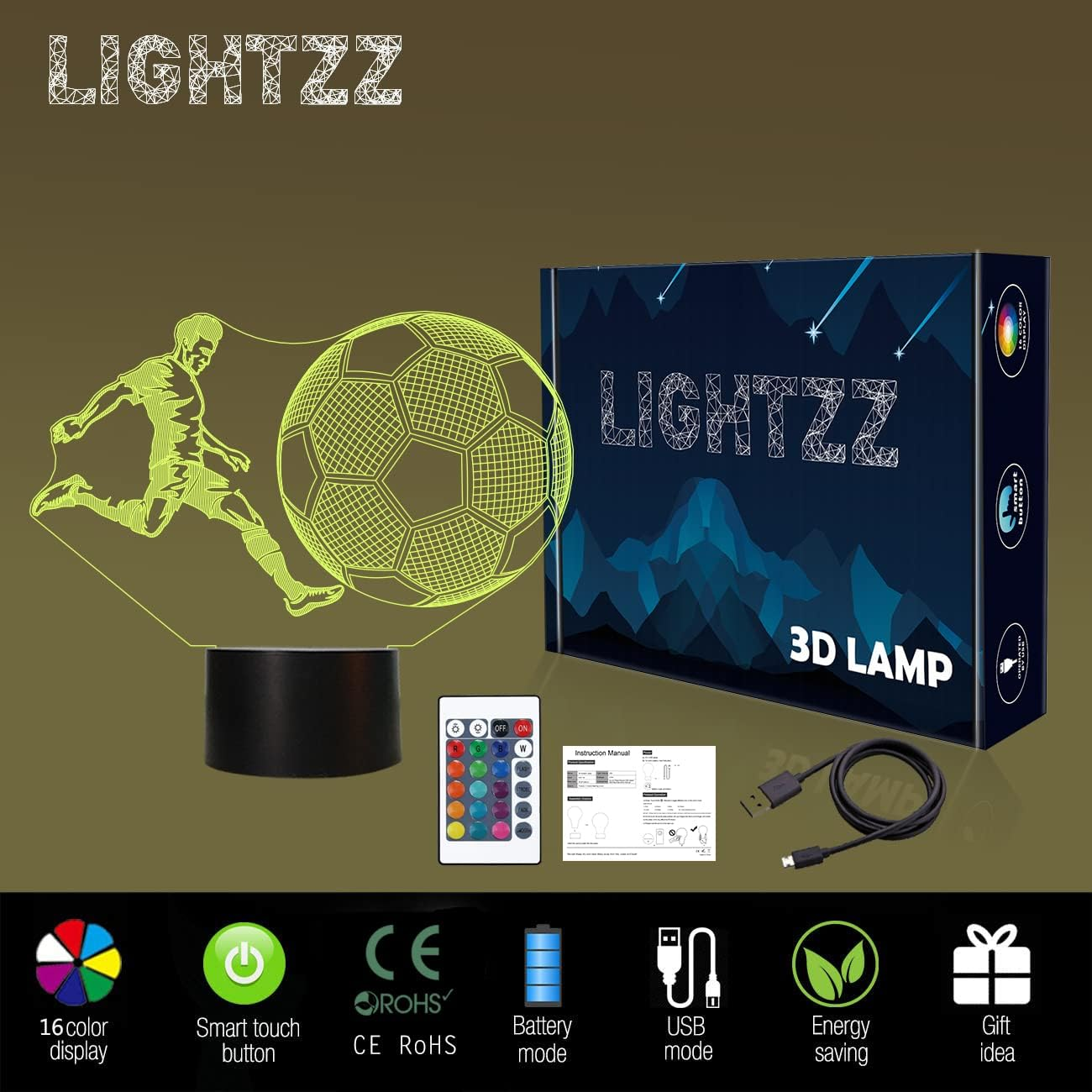 Football Gifts for Kids Boys, 3D Illusion Lamp Football Player Night Light with Remote + Touch 16 Color Flashing Changing + Timer Lamps for Men Sports Bedroom Decor
