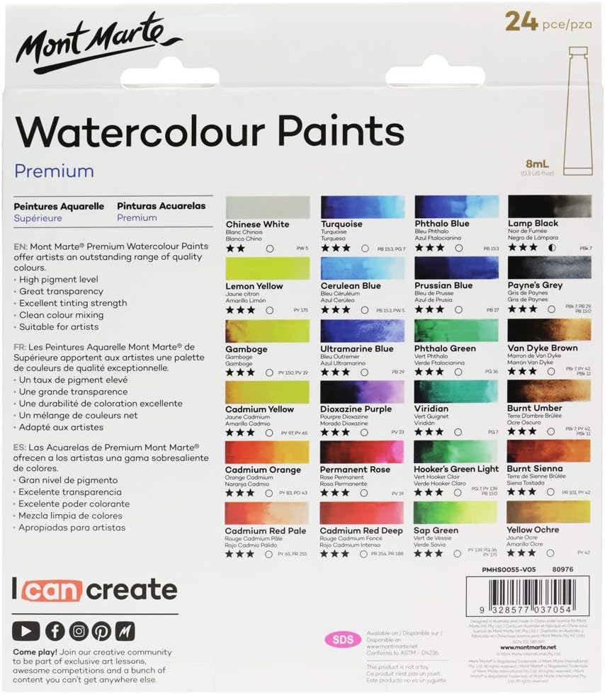 Mont Marte Watercolor Paint Set 24 Colours 8Ml, Aluminium Watercolor Tube Set, Perfect for Paper image number 1