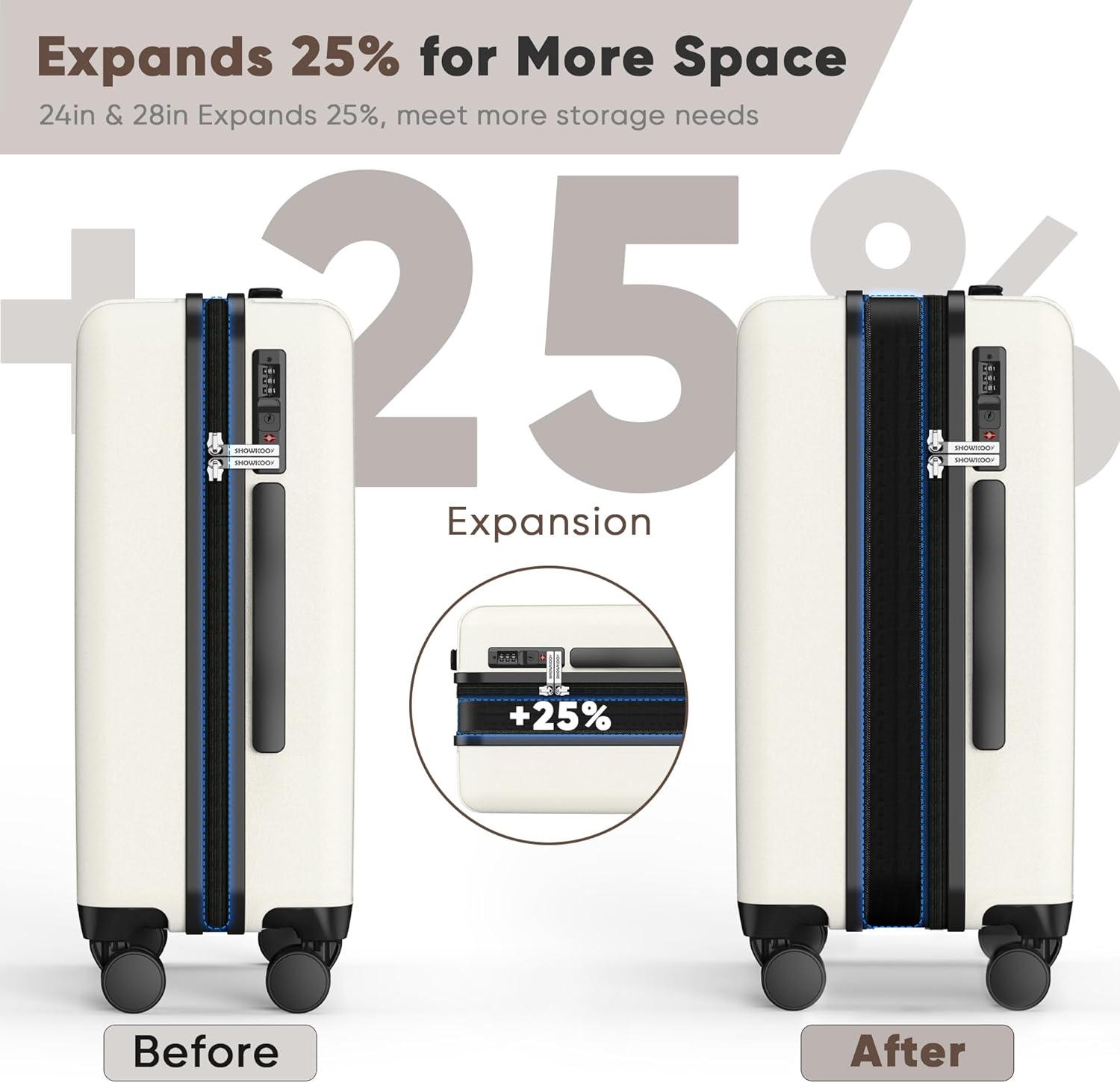 SHOWKOO Luggage Sets 3 Piece 100% PC Ultra Tough Hardside Expandable Suitcases Sets with TSA Approved Lock Double Spinner Wheels (20In/24In/28In, White - Blue image number 4