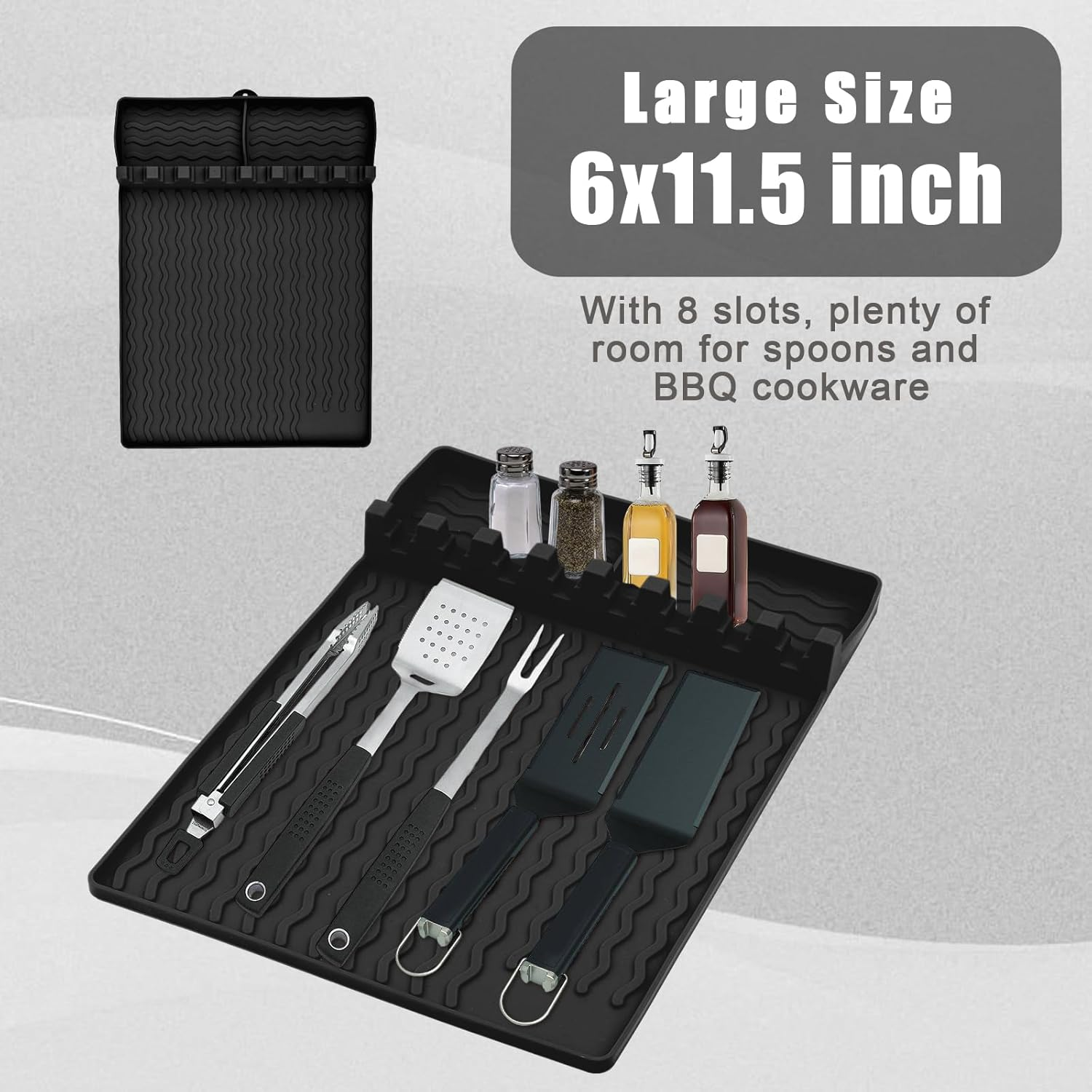 PEUTIER Silicone Griddle Tools Mat, Spatula Mat Griddle for Blackstone, Grill Utensil Resting Pad with 8 Slots Heat Resistant Grill Side Shelf Mat Holder for Kitchen Cooking Countertop (Black) - Black image number 2