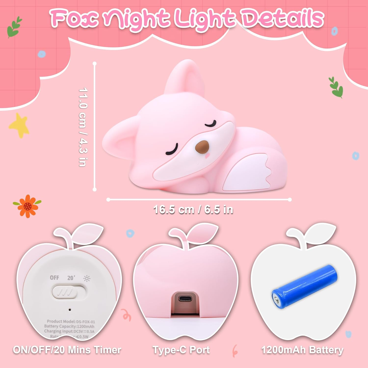 Okayera Fox Lamp, Squishy Fox Silicone Lamp for Children, Auto-Off Rechargeable Dimmable Night Light, Creative Gifts for Breastfeeding, Children'S Room, Baby Girls, Women, Toddler image number 5