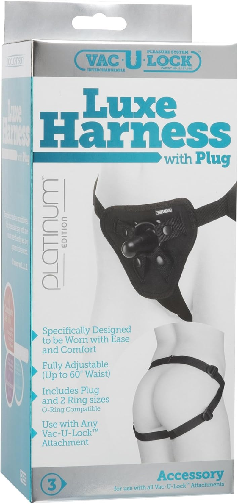 Doc Johnson Vac-U-Lock Platinum - Luxe Harness with Vac-U-Lock Plug and 3 Different Sized O-Rings - Compatible with O-Ring and Vac-U-Lock Dildos - Accommodates Up-To 69" Waist image number 3