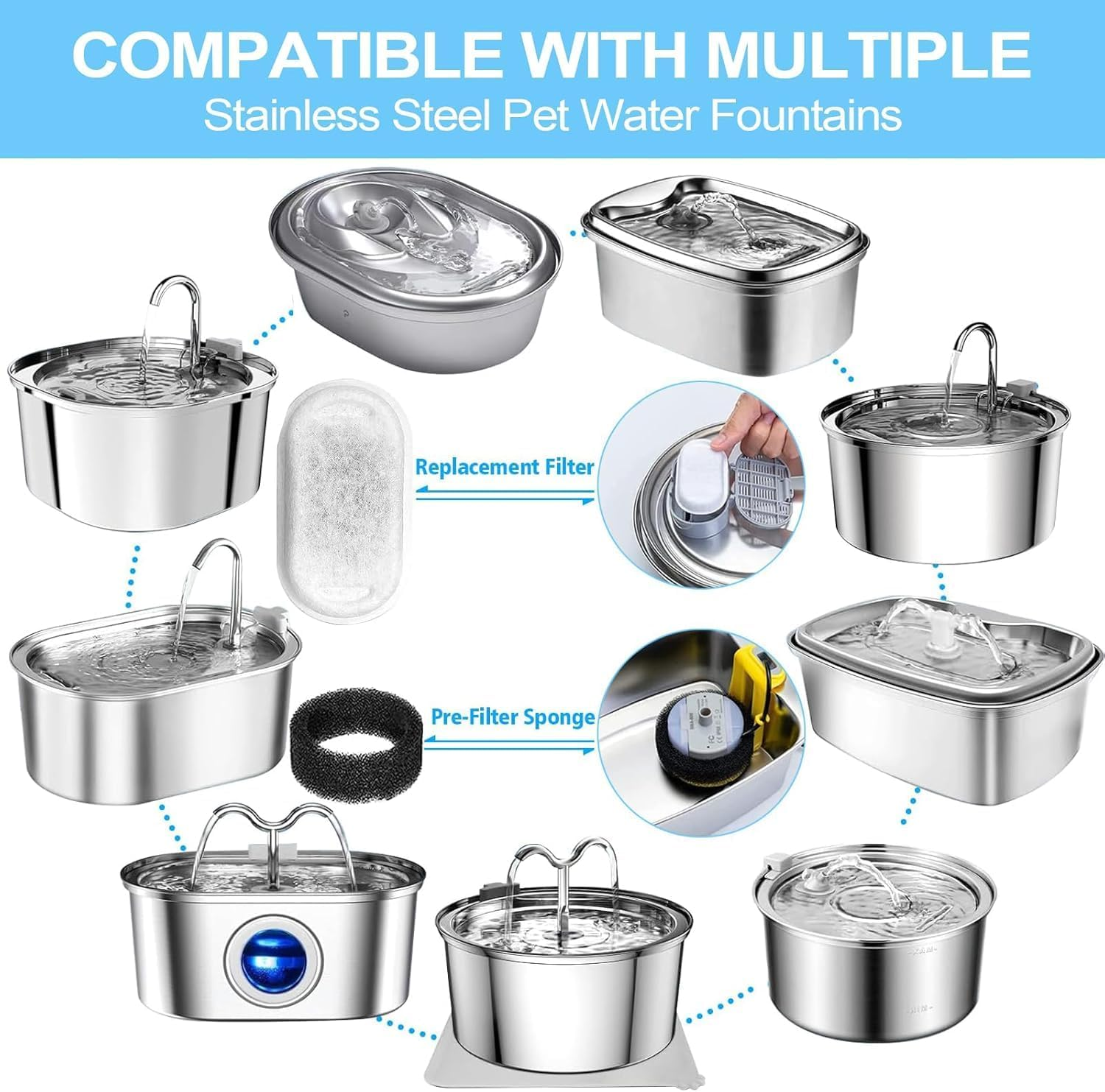 Cat Water Fountain Filters, 16 Pack Cat Fountain Filters, Cat Fountain Replacement Filters for 67Oz/2L&108Oz/3.2L Stainless Steel Cat Water Fountain, Pet Water Fountain Filters (8 Filters & 8 Sponges) image number 1