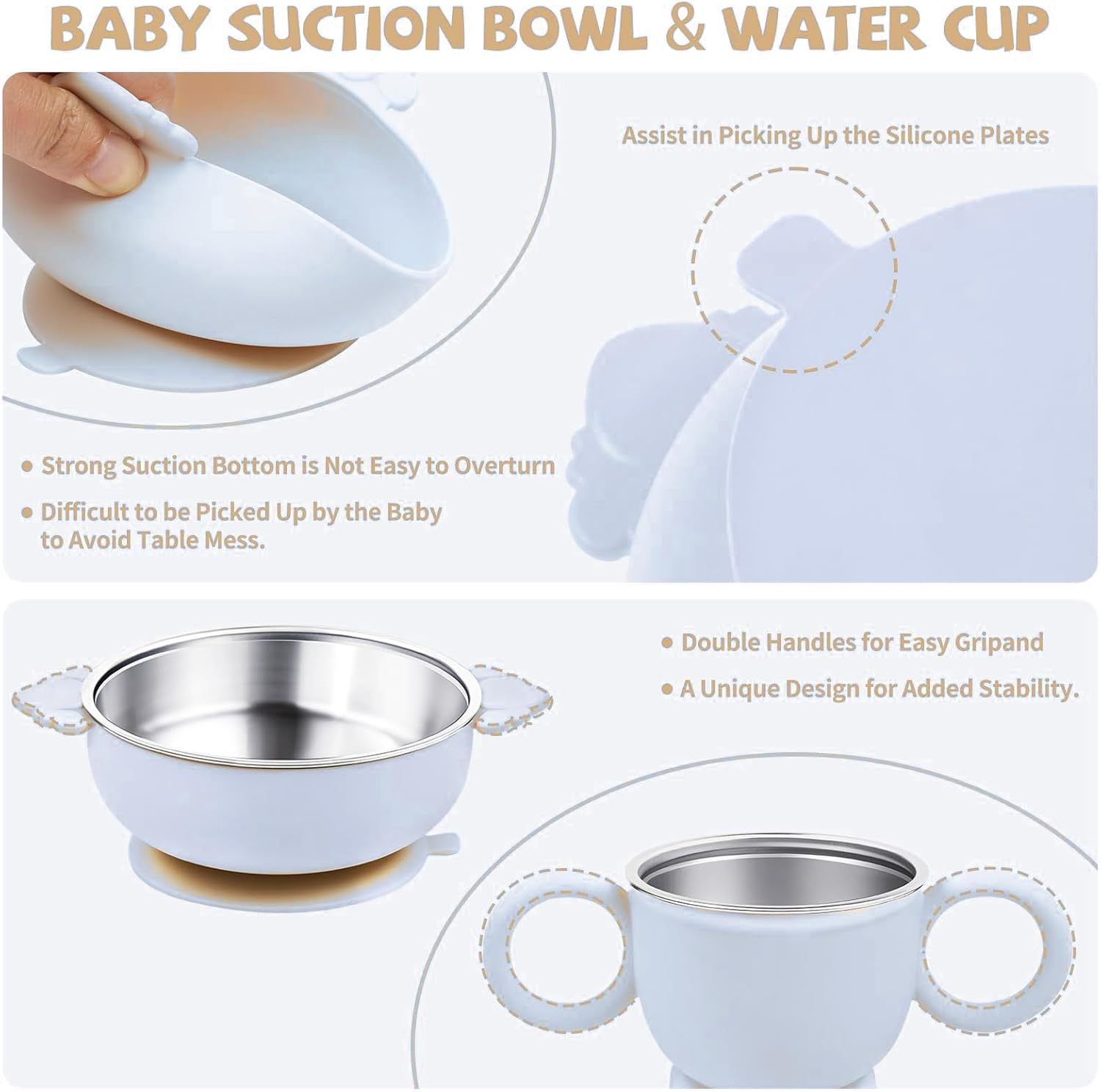 6-In-1 Blue Stainless Steel Kids Plates and Bowls, Contain Deep-Divide Toddler Plates, Bowls, Cup, Utensils & Bib &ndash; Bpa-Free 304 Steel + Silicone Suction &ndash; Dishwasher Safe image number 1