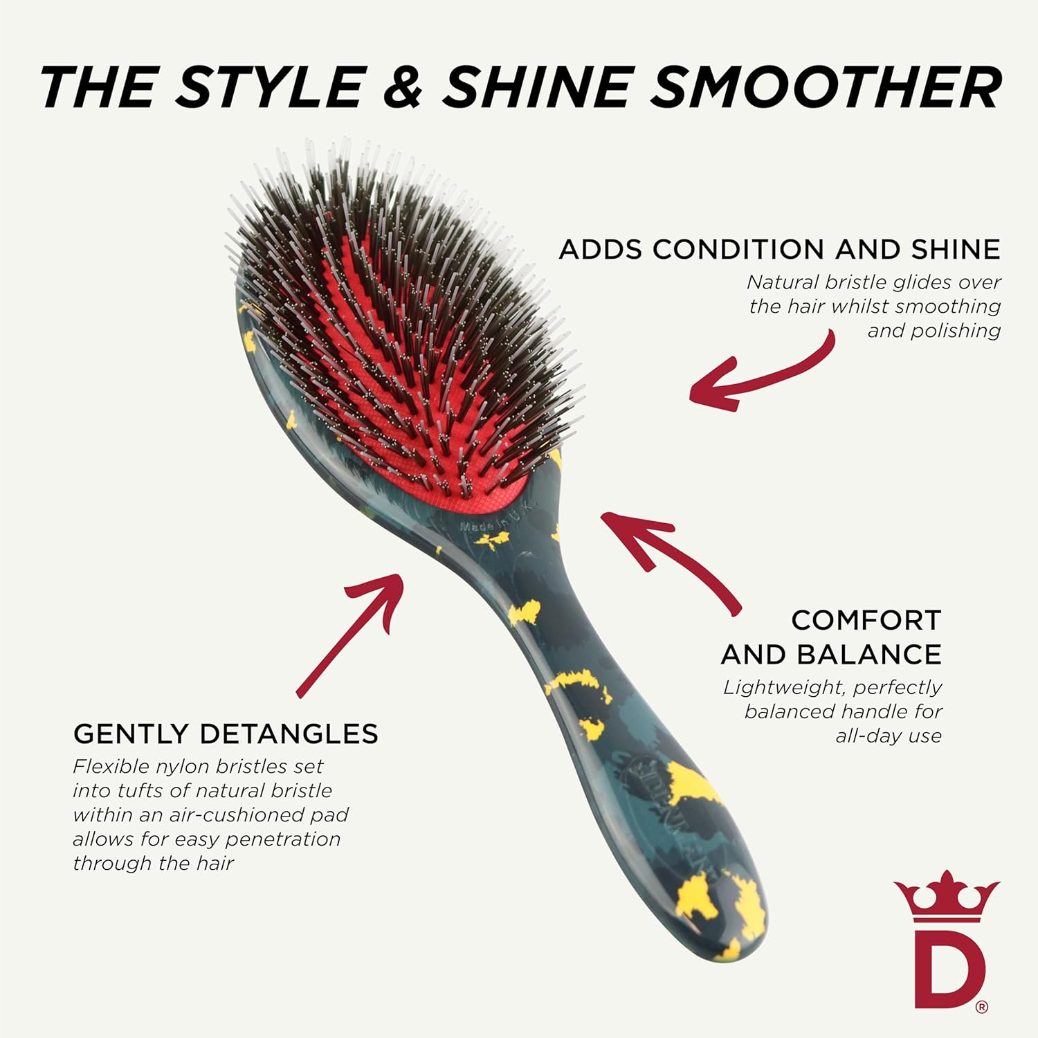 Denman Style & Shine Smoother Hairbrush (Medium) with Soft Nylon Quill Boar Bristles - for Smoothing, Detangling, Straightening &ndash; (Wildcat) D81M