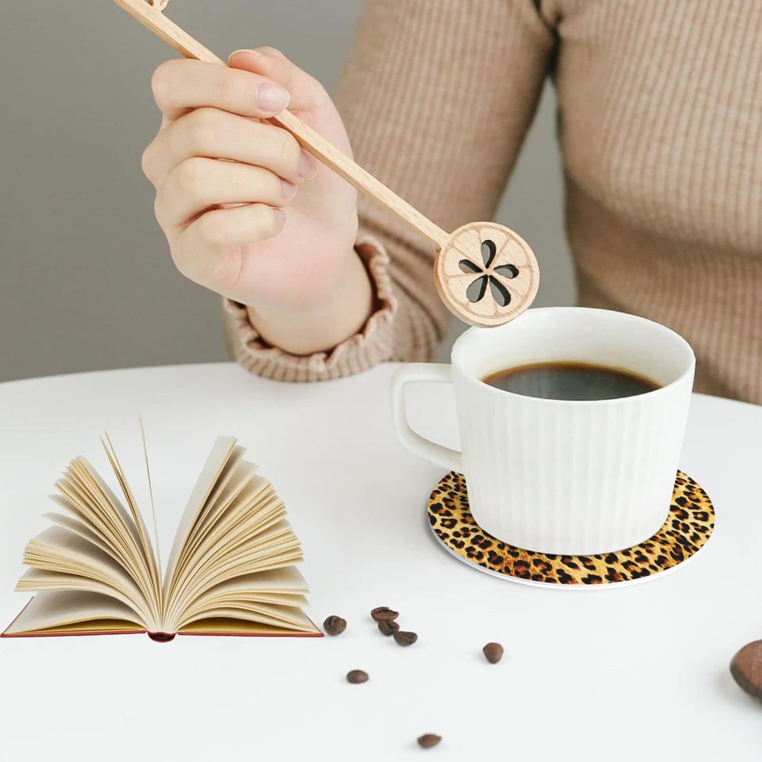 Coasters for Drinks Set of 6, Leopard Wild Drink Coasters for Coffee Table, Cute Farmhouse Leather Coaster for Cup Kitchen Bar Home Decor Housewarming Gift image number 2