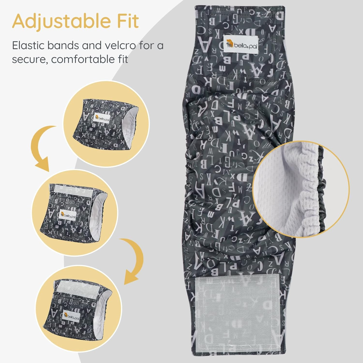 Bella & Pal Male Dog Diapers 3 Pack, Reusable, Washable Belly Bands for Male Dogs, Comfortable and Absorbent Dog Wraps, Adjustable & Leak-Proof, L Size (Waist 16-20"), Gray image number 3