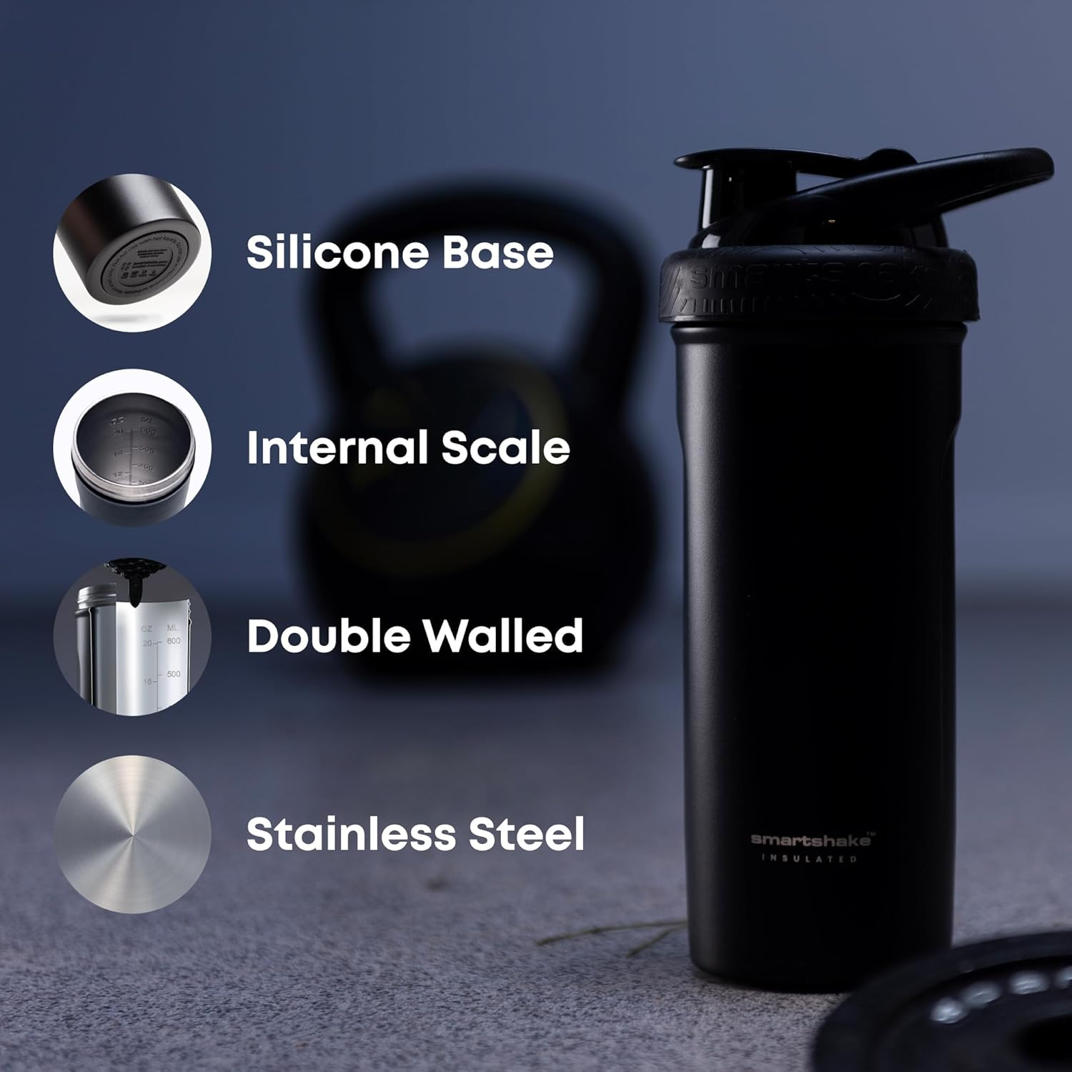 Smartshake Insulated Steel Shaker Bottle, Black, 750 Ml Capacity image number 5