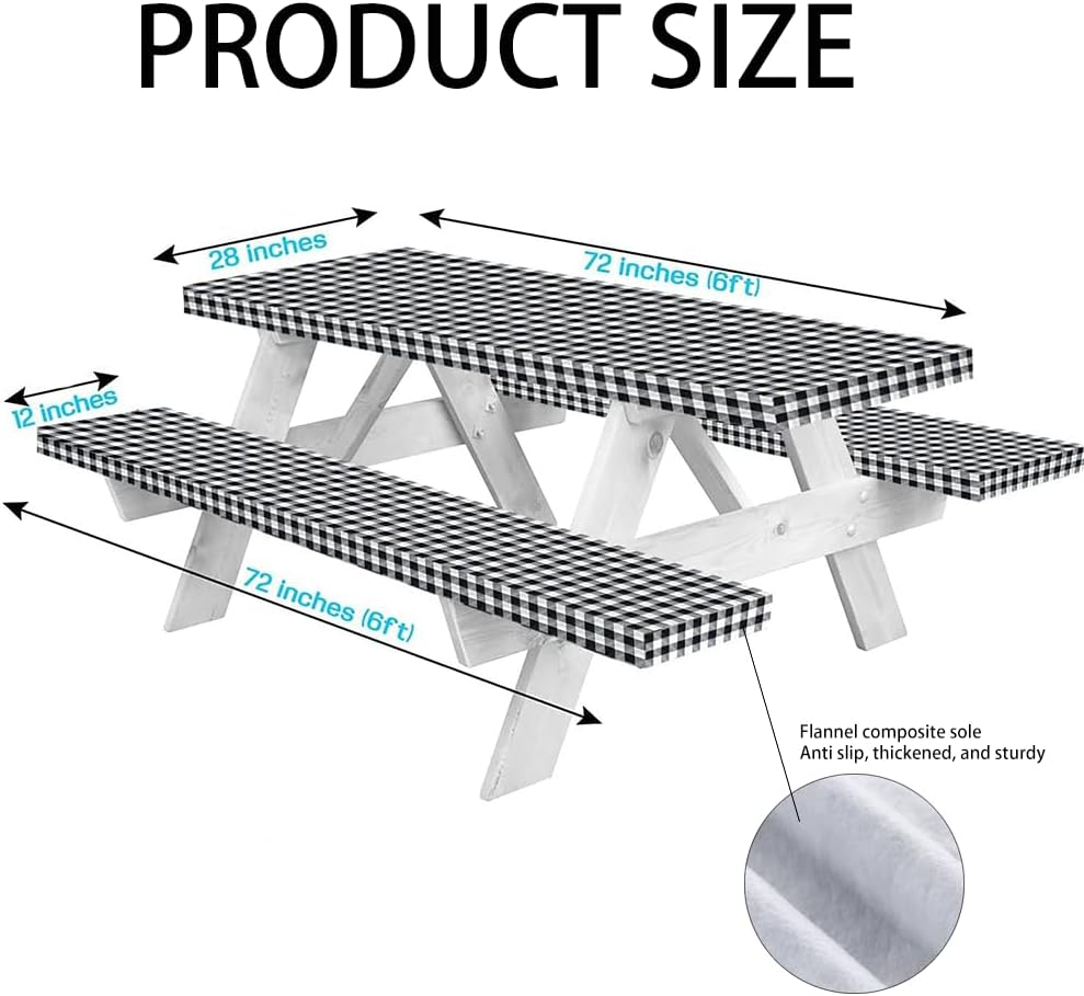 6Ft Picnic Table and Bench Cover,72In Waterproof Windproof Outdoor Elastic All around Tablecloth,Camping Essentials RV Gear,Black-White Checkered image number 4