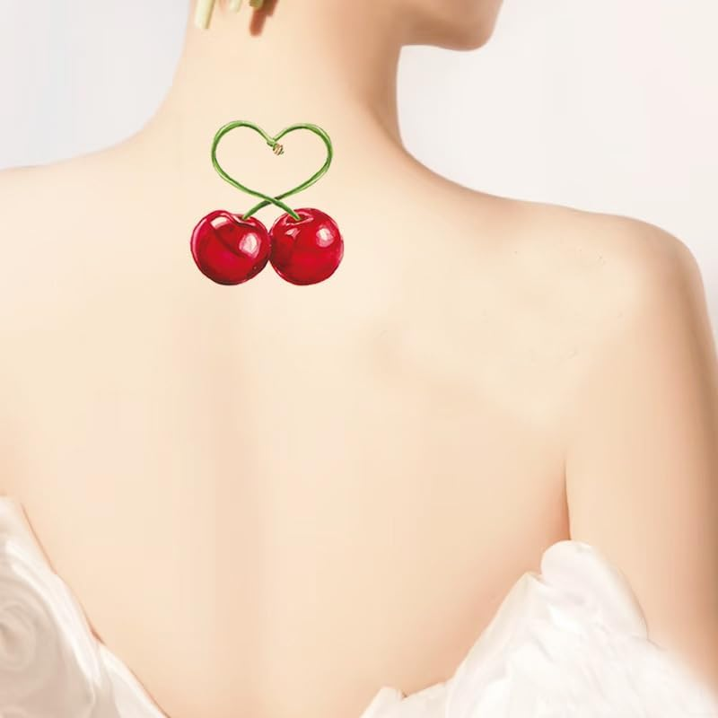 Buziba 12 Sheets Cherry Temporary Tattoos Stickers Funny Cherry Birthday Decorations Cute Red Cherries Fake Tattoo Gifts for Women Men Fruit Themed Party Favors Supplies image number 1