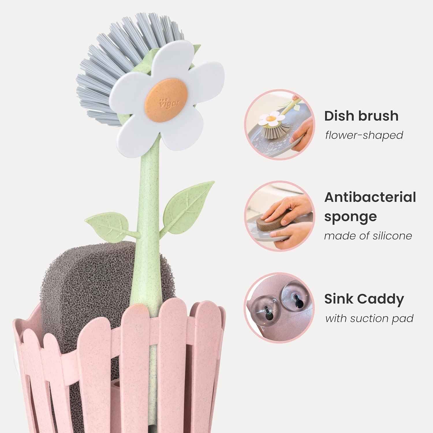 Vigar Fence Sink Set with Pink Florganic Suction Cup Set of 3