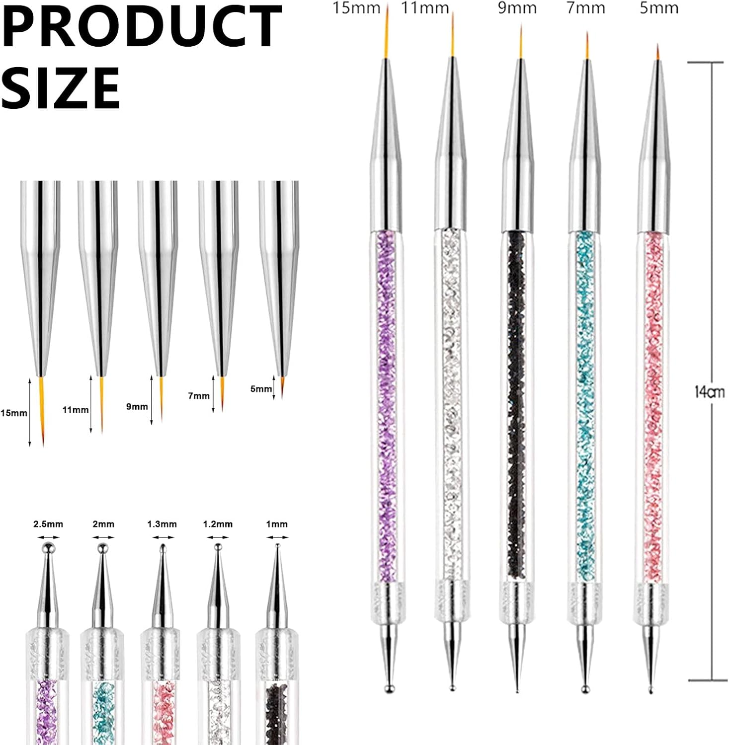 Unron 5 Pcs Double Ended Stainless Steel Acrylic Nail Brush Set for Nail Art, Durable Manicure Brush Pen Tools for Salon and Home DIY Use &ndash; Unron