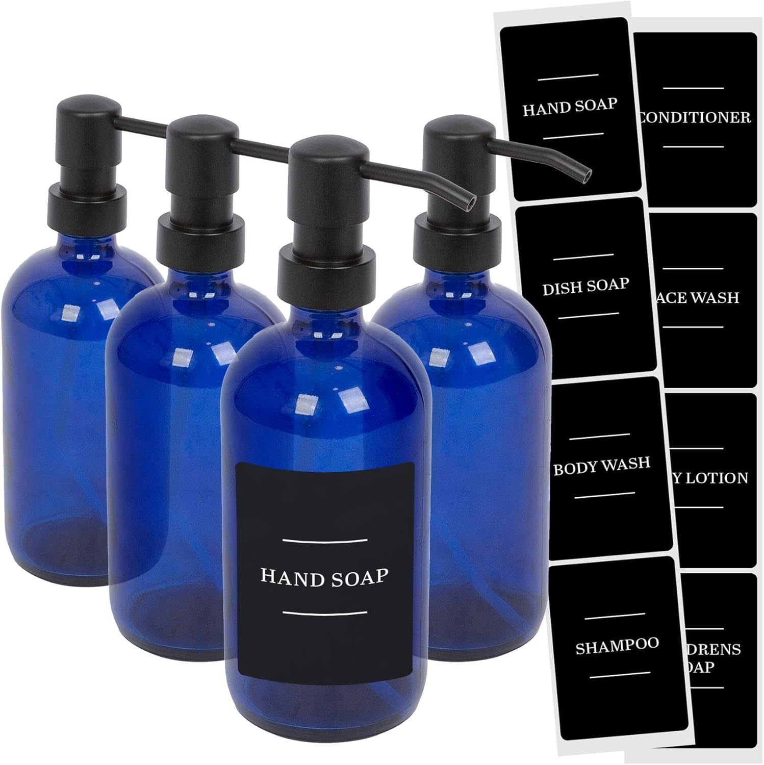 Harbour Housewares Glass Soap Dispensers with Labels - Amber/Black - 4 Pack - 500Ml Refillable Soap Dispensers Hand and Dish Liquid Pump for Bathroom, Kitchen, Laundry Room