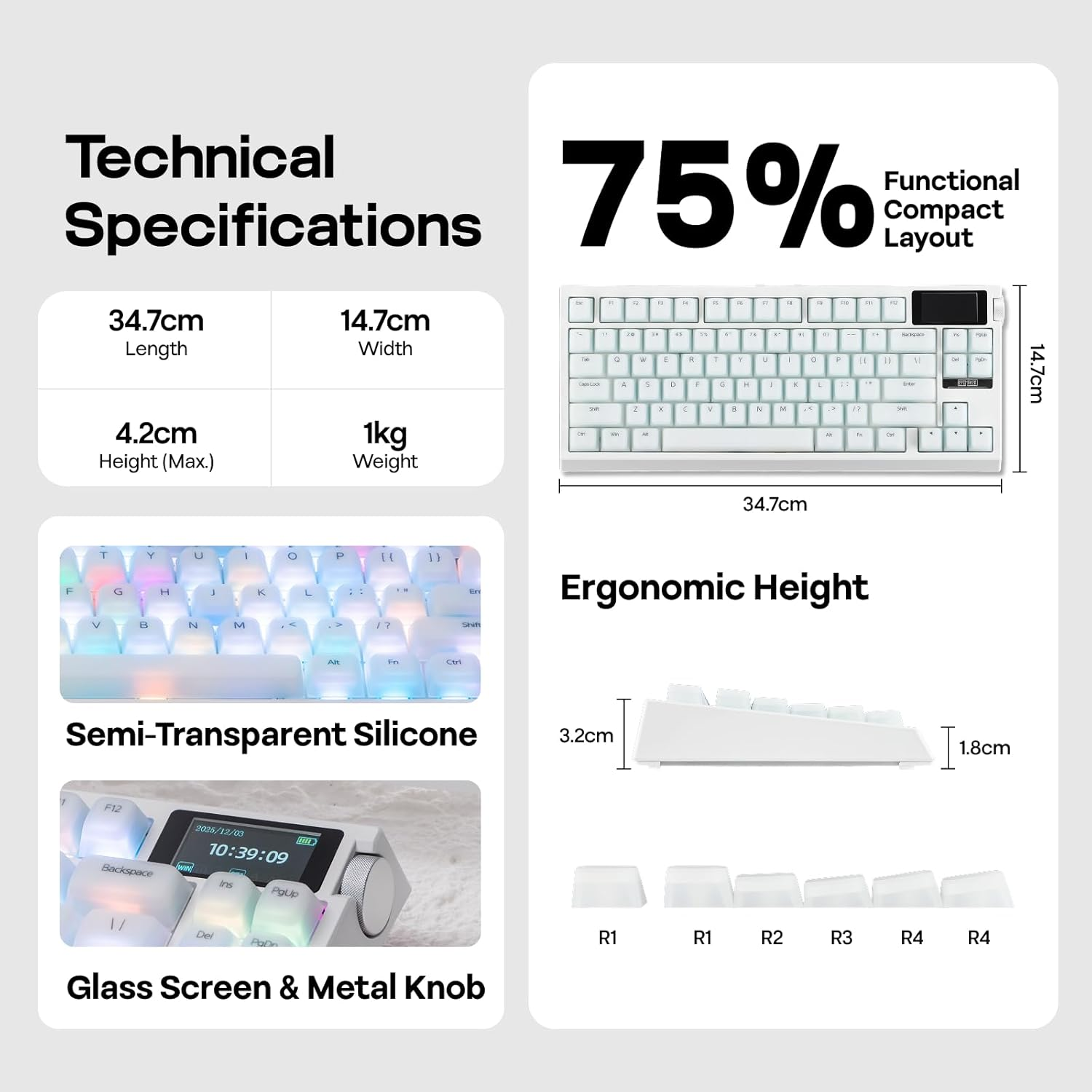 EPOMAKER G84 PRO Wireless Gaming Keyboard with Screen&Knob, 75% Creamy Mechanical Keyboard, 8000Mah, Hot Swappable, Silicone Keycaps, BT5.0/2.4G/USB-C Mode, NKRO, RGB (White, Creamy Jade Switch) image number 6