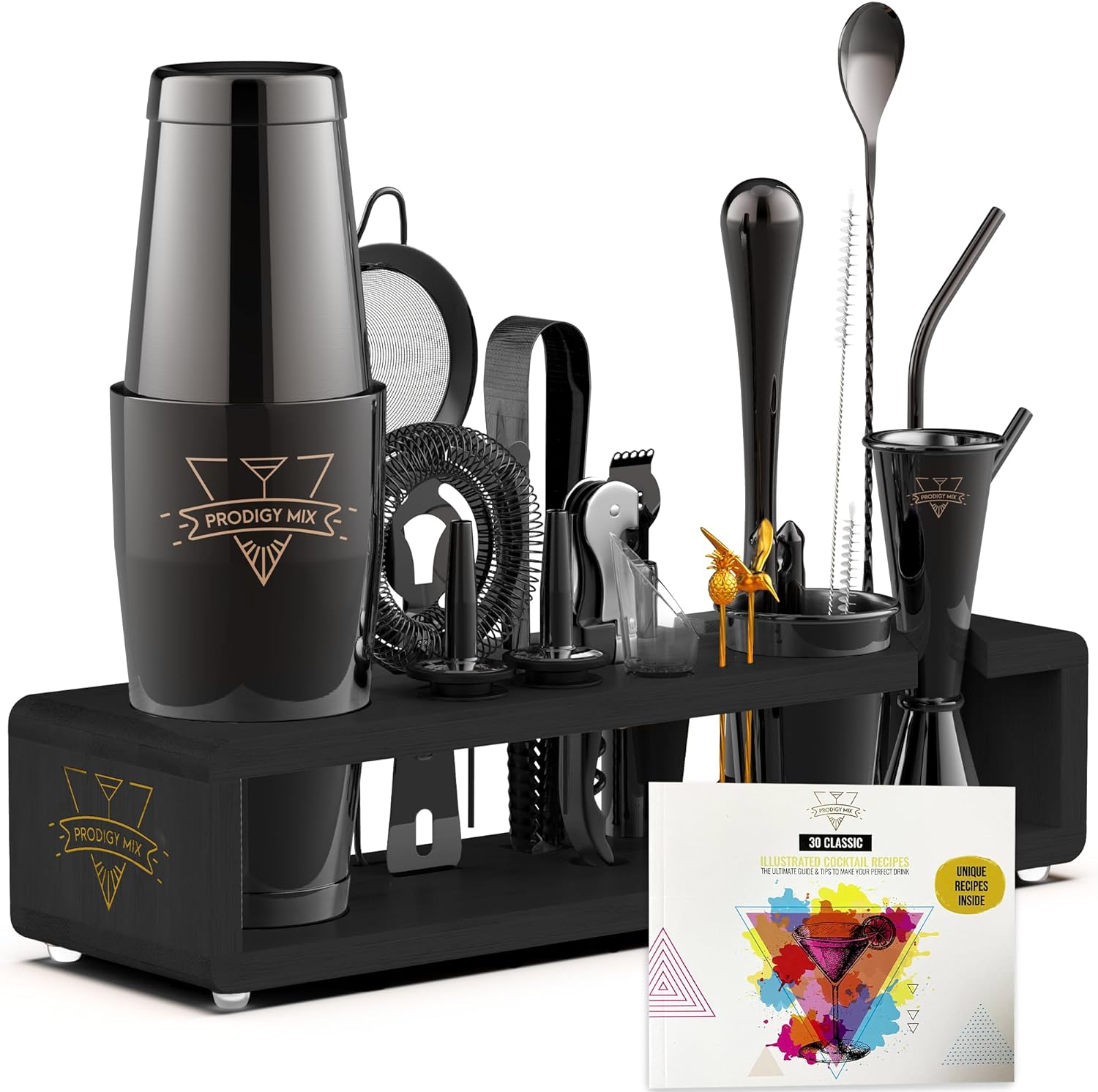 Prodigy Mix the Complete Mixology Bartender Kit 20-Piece Boston Cocktail Shaker Set - Premium Bar Accessories & Tools Set, Bonus Velvet Bag Recipe Cards, Stainless Steel Drink Mixer (Gunmetal-Black) image number 4