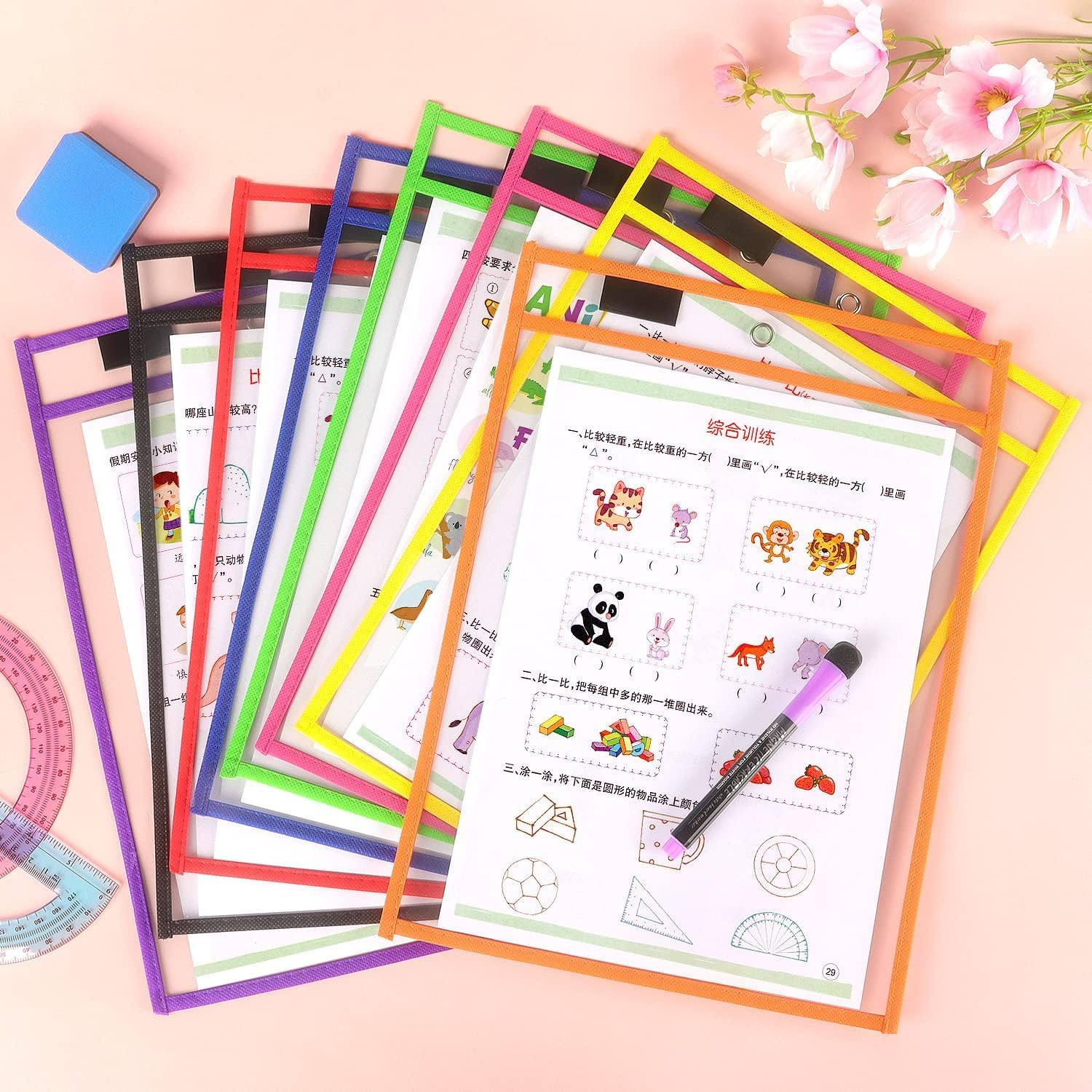 8 Pack Dry Erase Pockets Sleeves with Rings, 10 X 14 Inch Ticket Holders Clear Plastic Sleeves Sheet Protectors for Teacher Classroom Sleeves, 8 Assorted Colors image number 1