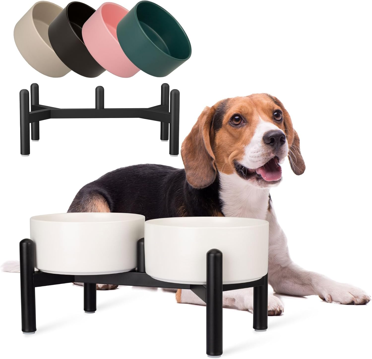 Raised Ceramic Dog Bowl Set - Elevated Double Dishes with Stainless Steel Stand - Food and Water Bowls for Small to Medium Dogs - Each Holds 2 Cups (28.75 Fl Oz) - White image number 4