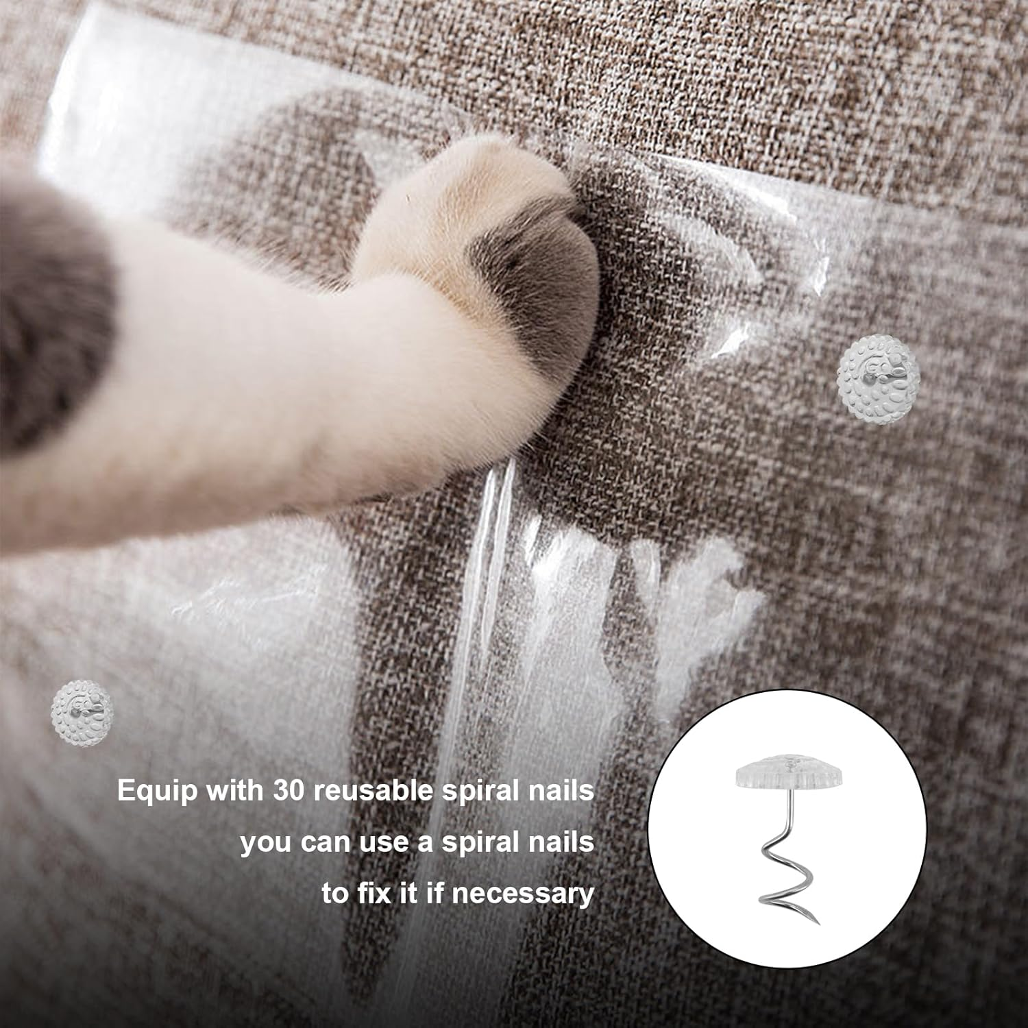 Cat Furniture Couch Protector, 20Cm X10M Self-Adhesie Cat Scratch Protector with 30 Spiral Nails for Protecting Upholstered Furniture Sofa (7.6Cm X 27M) image number 3