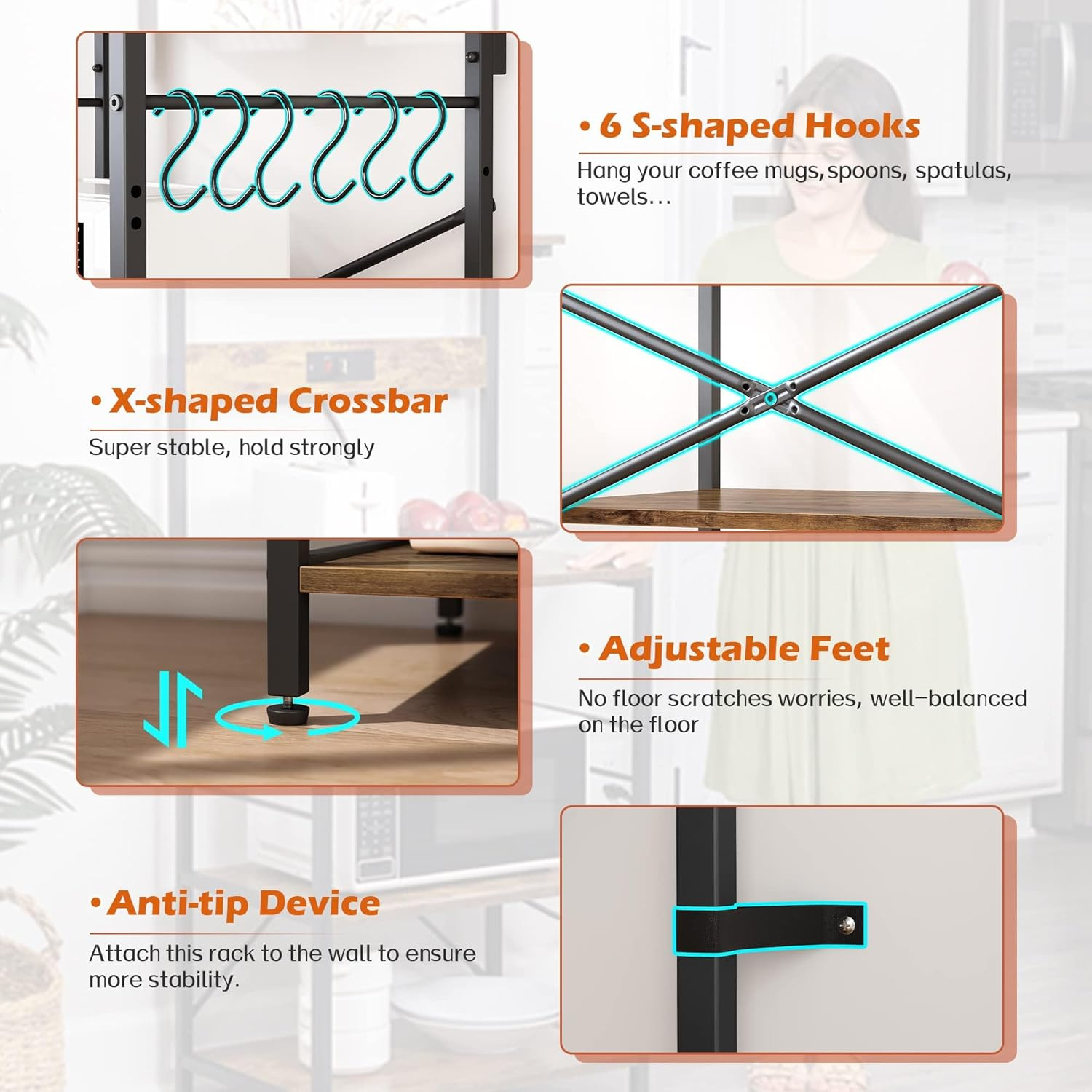 Kisfam Bakers Rack with Storage & Power Outlet - 4-Tier Kitchen Shelf with 6 Hooks, Microwave Stand & Coffee Bar Organizer, Rustic Brown Steel & Wood Storage Shelf image number 3